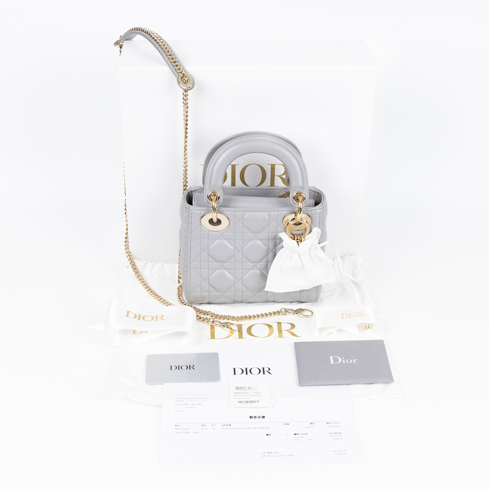 迪奧 CHRISTIAN DIOR Lady Dior 迷你 手提 肩背包 蛋白石灰色珠光 M0505OADU  原廠盒子/防塵袋/保證卡/背帶/發票/購買證明