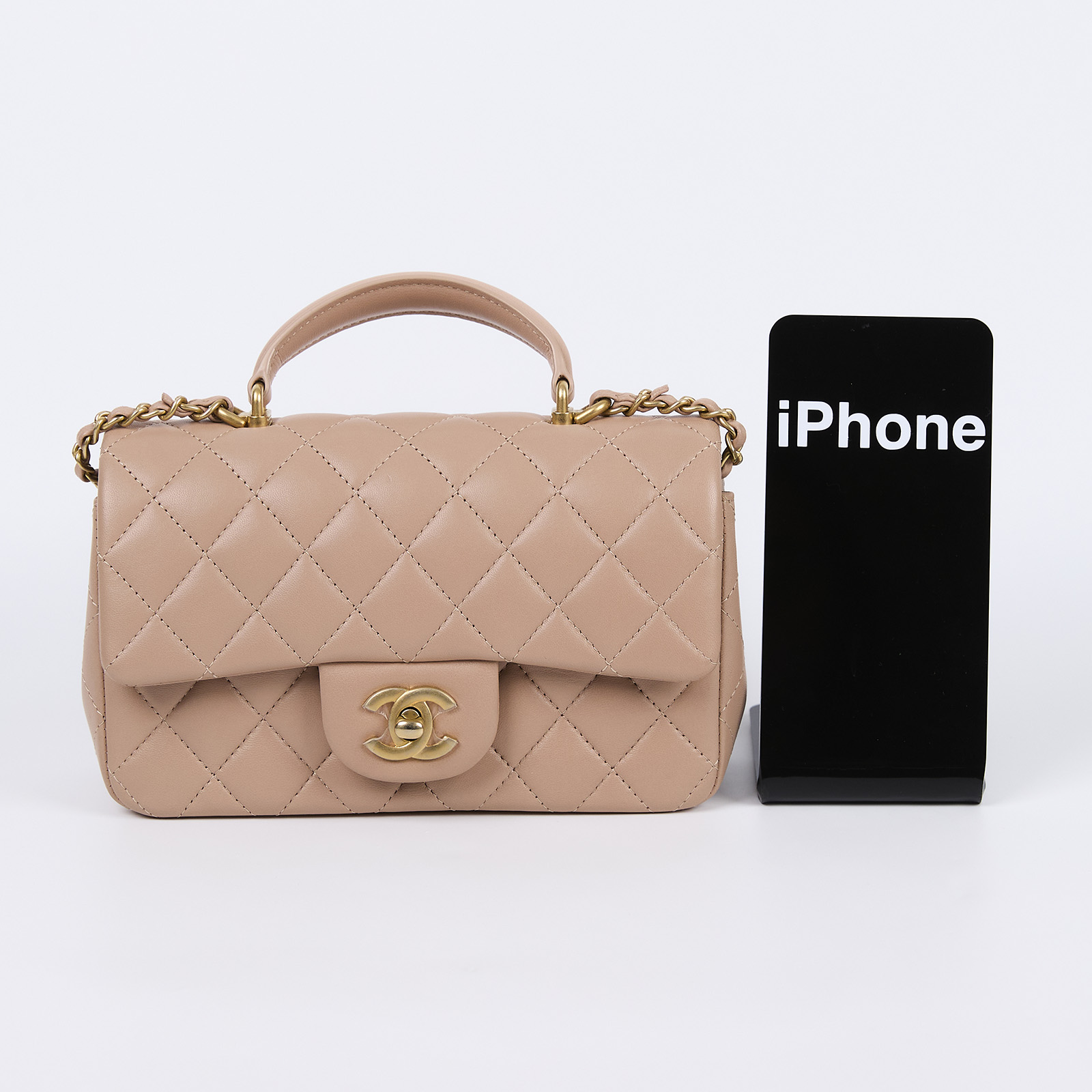 香奈兒 CHANEL Coco 20  肩背 斜背 迷你 口蓋包 AS2431 晶片款 奶茶金釦羊COCO HANDLE 原廠盒子/購買證明影本