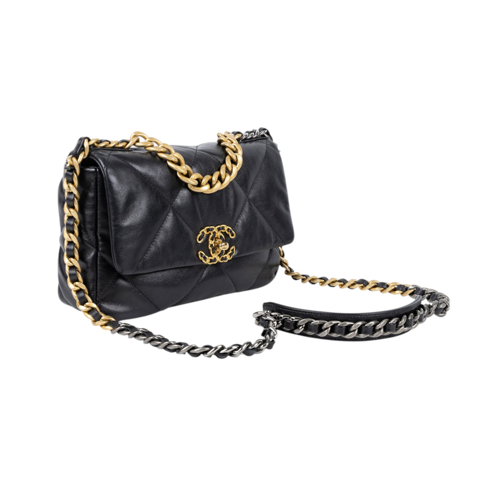 香奈兒 CHANEL 19 口蓋包 菱格紋 金銀鍊帶 手提 肩背包 AS1160 30開 黑金羊19包 26CM 保證卡