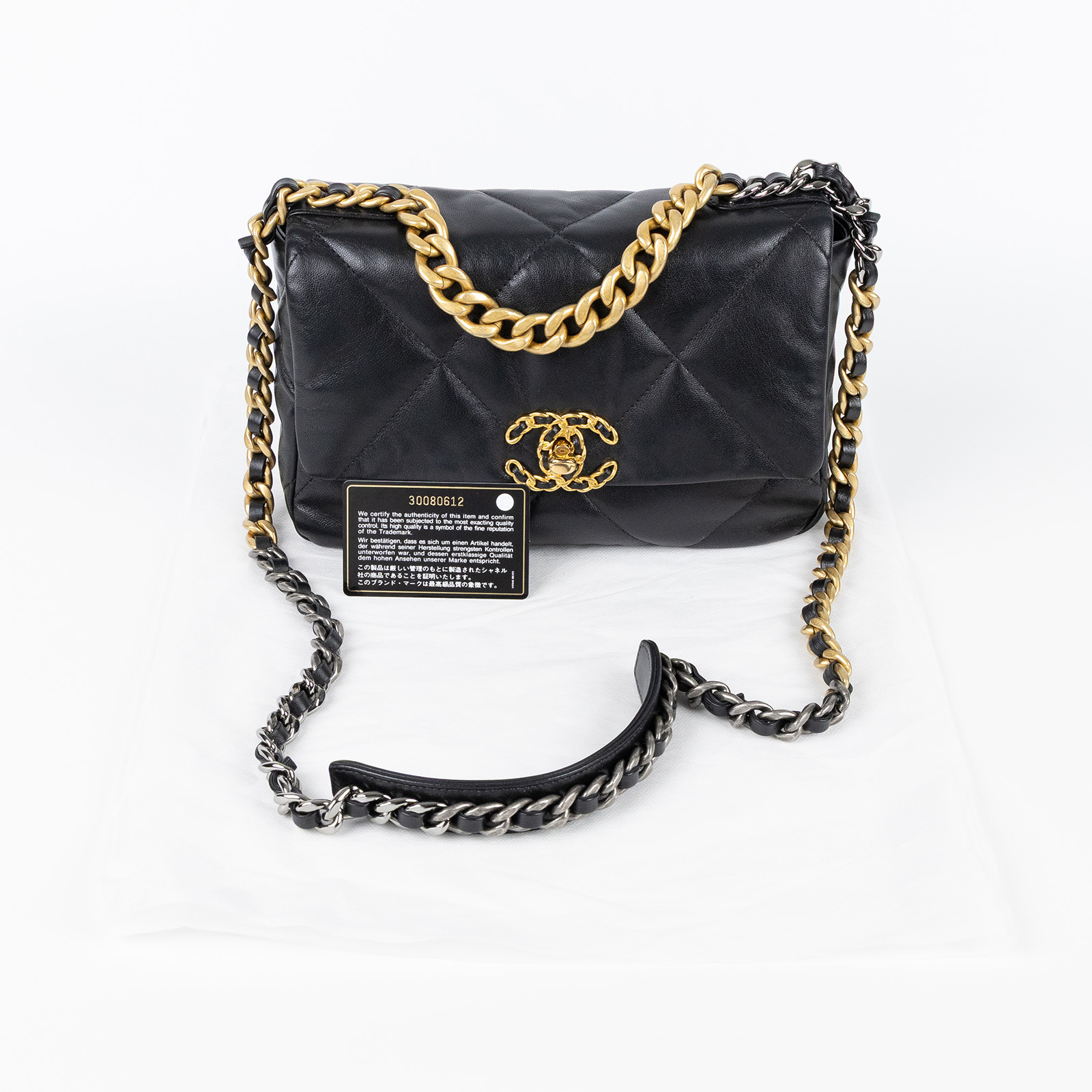 香奈兒 CHANEL 19 口蓋包 菱格紋 金銀鍊帶 手提 肩背包 AS1160 30開 黑金羊19包 26CM 保證卡