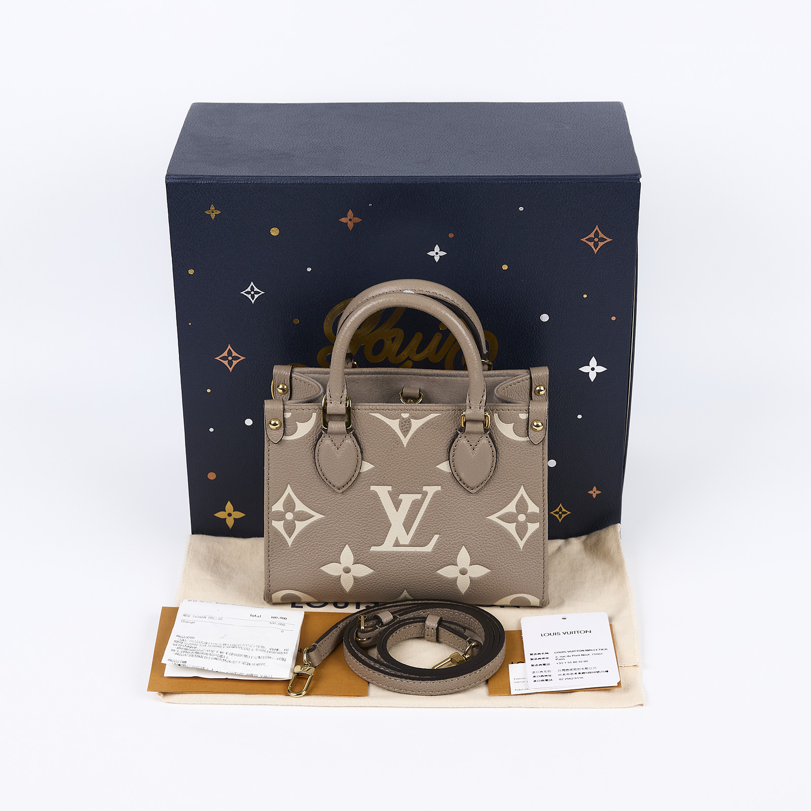 路易威登 LOUIS VUITTON OnTheGo BB 迷你 手提袋 單肩包 Dove 灰色 Cream色 M47054 晶片款  原廠盒子/防塵袋/背帶/購買證明