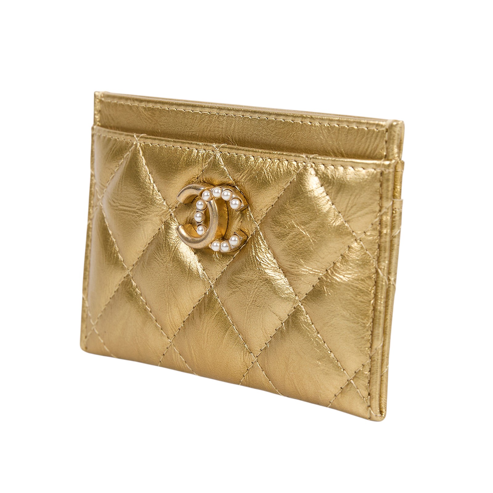 香奈兒 CHANEL CC LOGO 經典卡片夾 金色  金牛珍珠雙C卡夾套 原廠盒子/防塵袋/保證卡