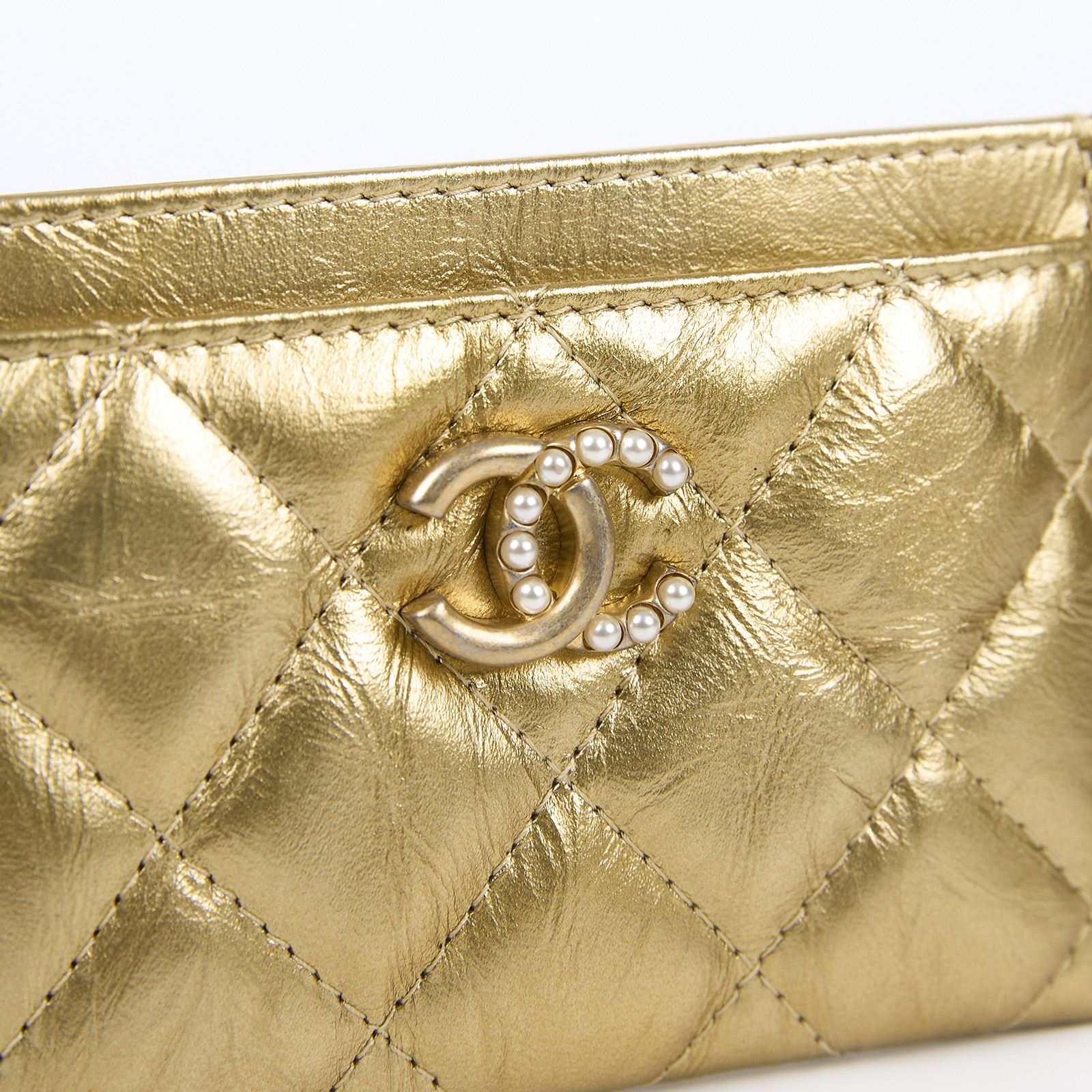 香奈兒 CHANEL CC LOGO 經典卡片夾 金色  金牛珍珠雙C卡夾套 原廠盒子/防塵袋/保證卡