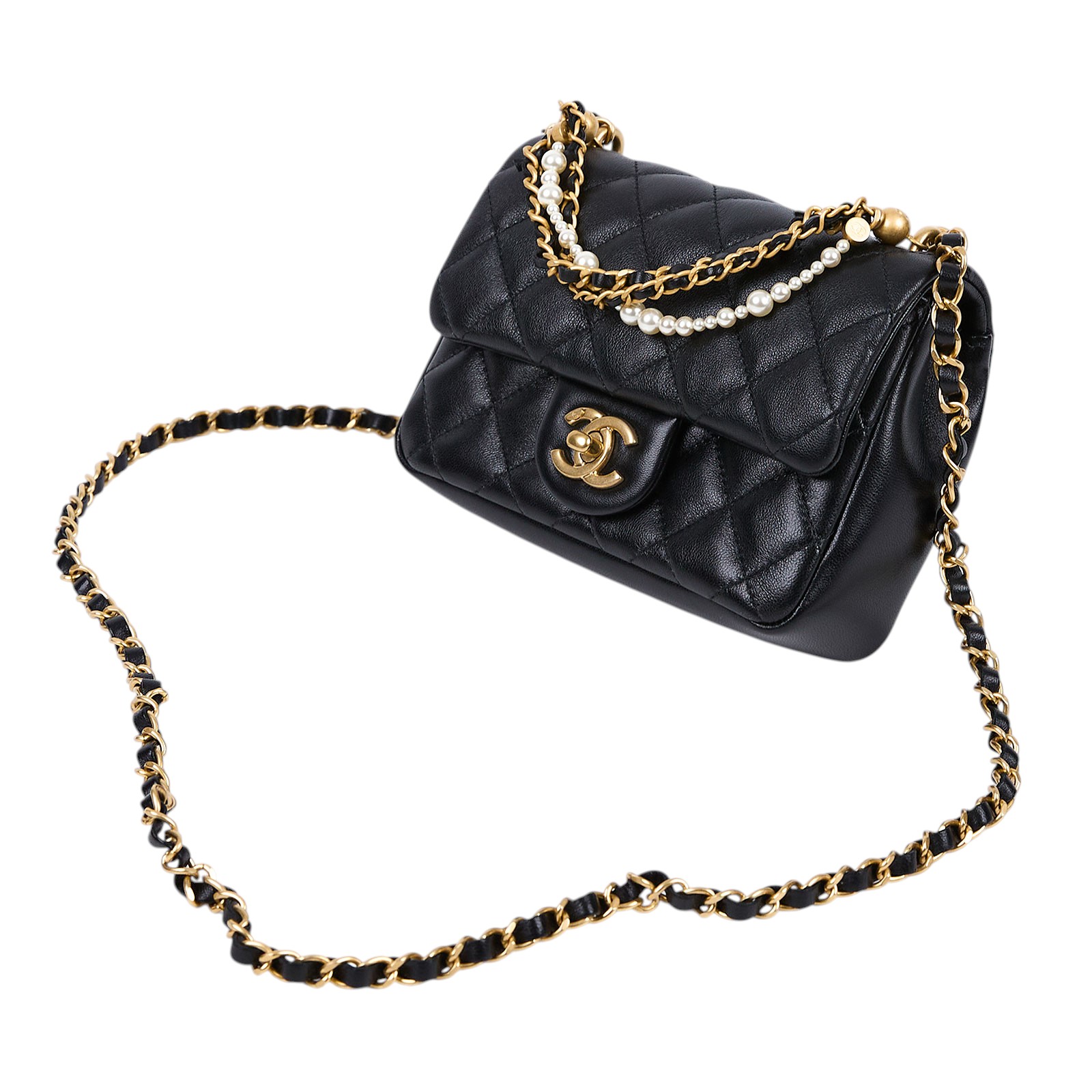 香奈兒 CHANEL 方胖 金球 鍊條 口蓋包 羊皮 AS4385 B15773 黑金羊珍珠方胖 原廠盒子/防塵袋/購買證明影本