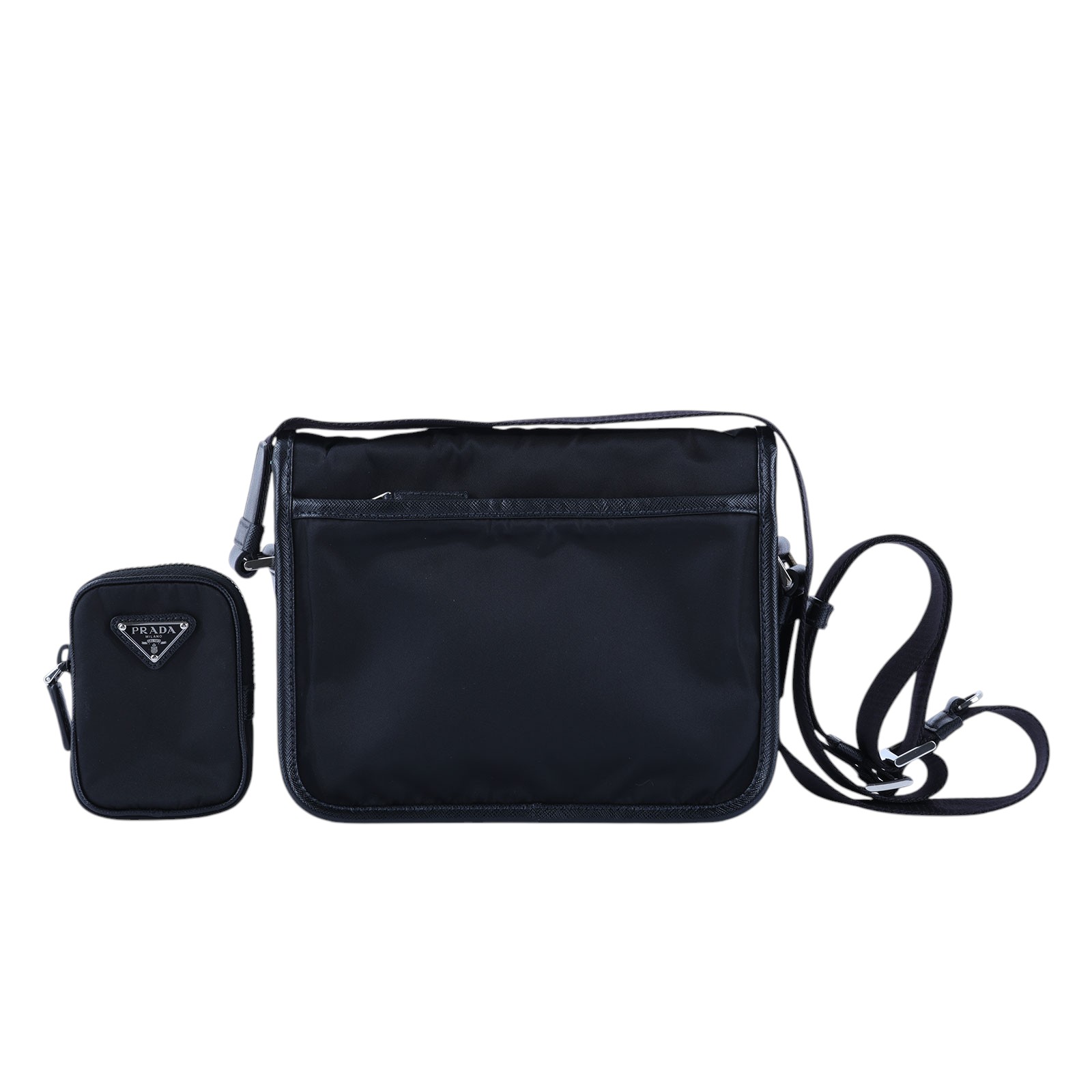 普拉達 PRADA Re-Nylon Saffiano 皮革肩背袋 2VD034_2DMH 黑尼龍掀蓋郵差包 內袋/保證卡