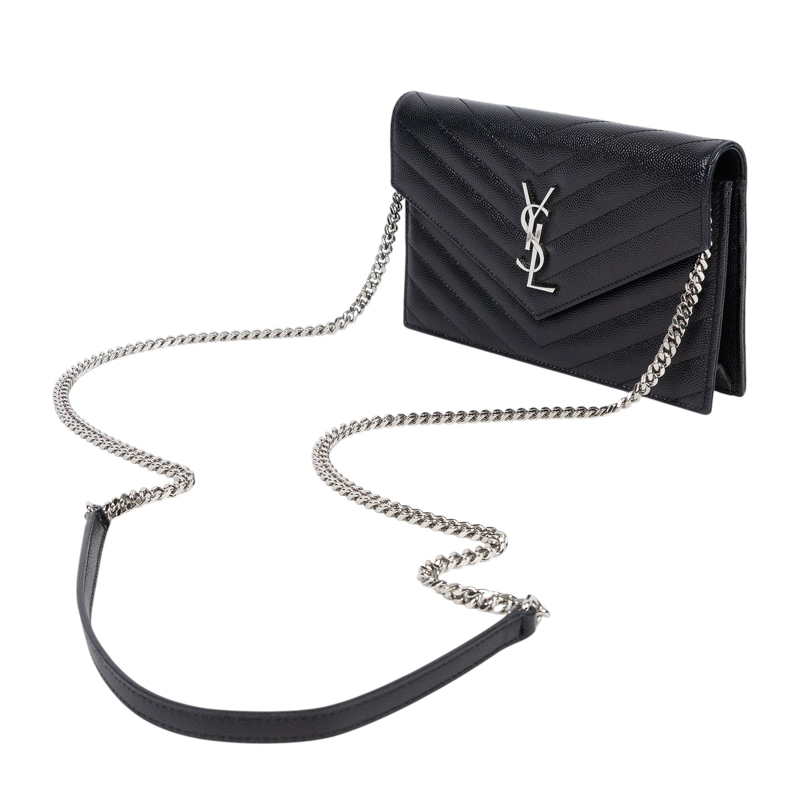 聖羅蘭 YSL SAINT LAURENT 山形紋 鏈袋 信封包  銀扣 393953BOW02 黑銀魚子醬信封WOC 原廠盒子/防塵袋/背帶/購買證明