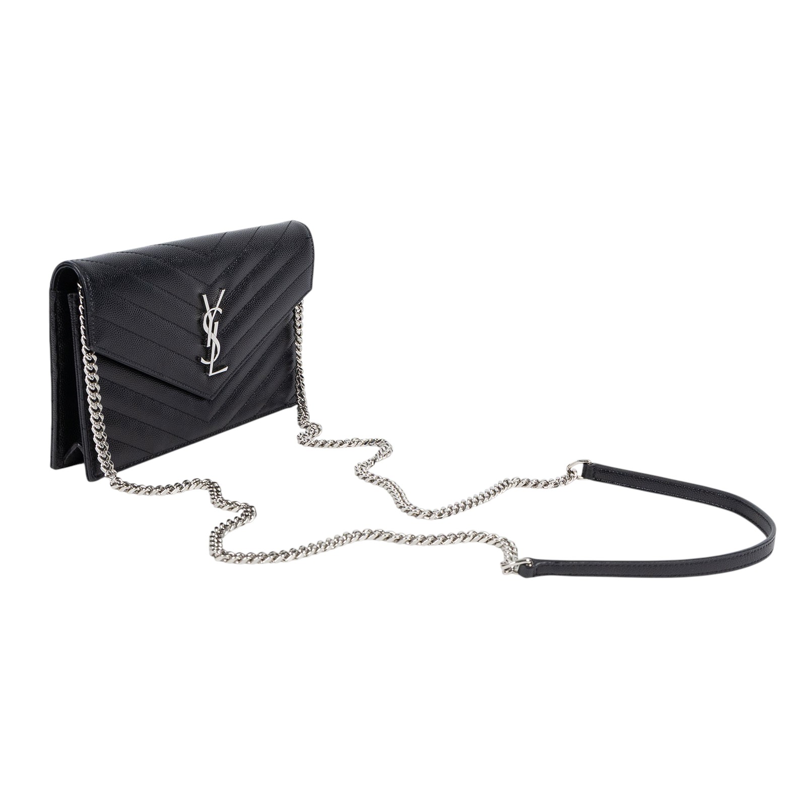 聖羅蘭 YSL SAINT LAURENT 山形紋 鏈袋 信封包  銀扣 393953BOW02 黑銀魚子醬信封WOC 原廠盒子/防塵袋/背帶/購買證明