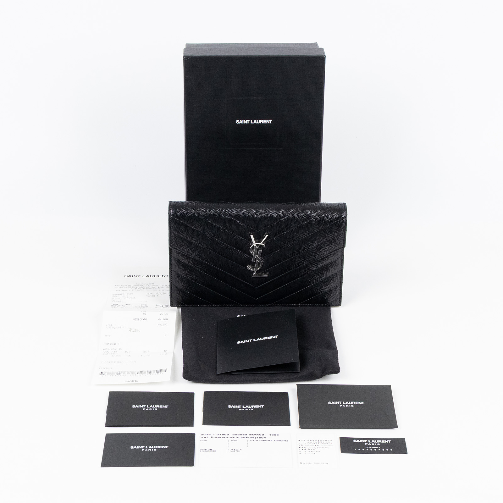 聖羅蘭 YSL SAINT LAURENT 山形紋 鏈袋 信封包  銀扣 393953BOW02 黑銀魚子醬信封WOC 原廠盒子/防塵袋/背帶/購買證明