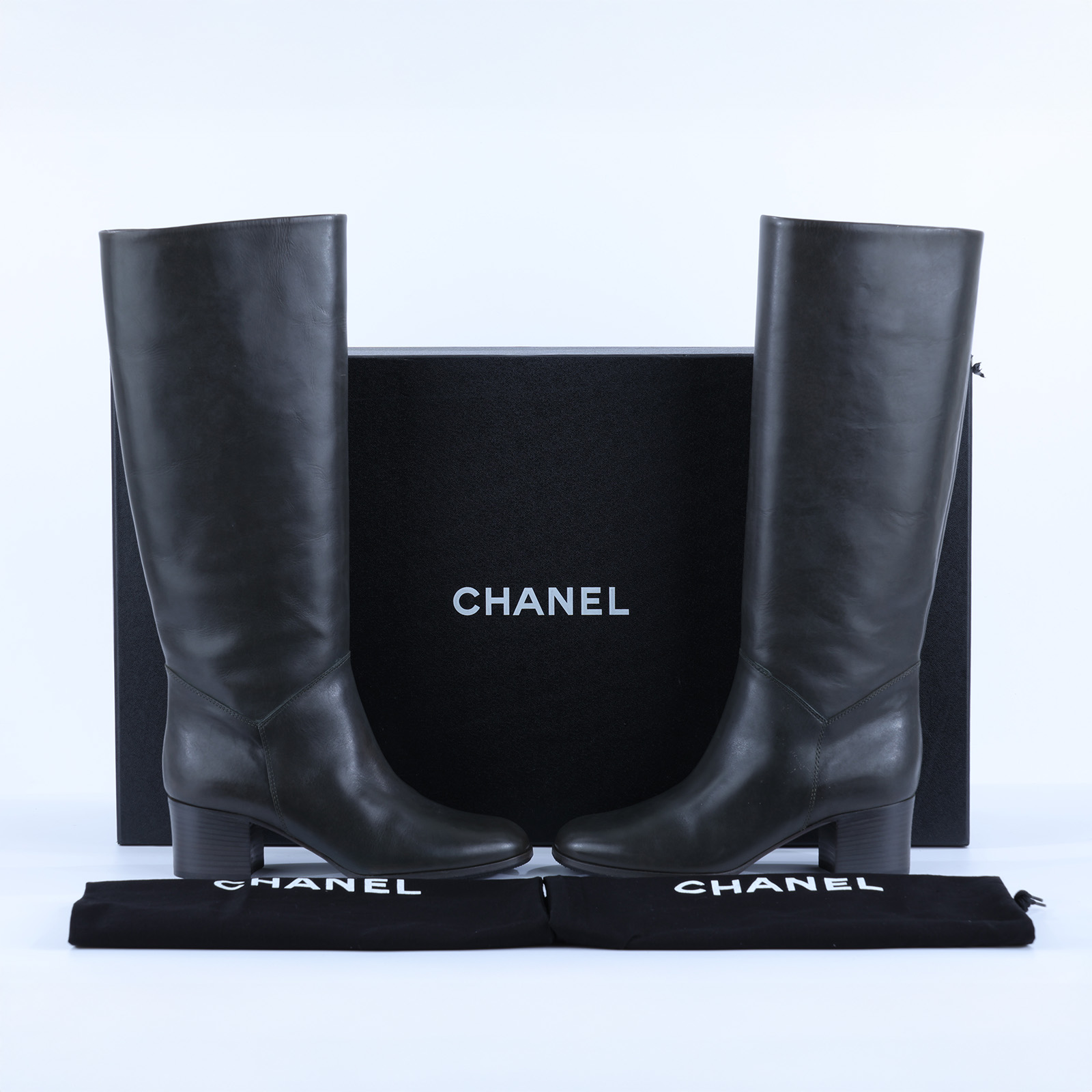 香奈兒 CHANEL 網布 跟鞋  深綠素面高筒皮靴#38 原廠盒子/防塵袋