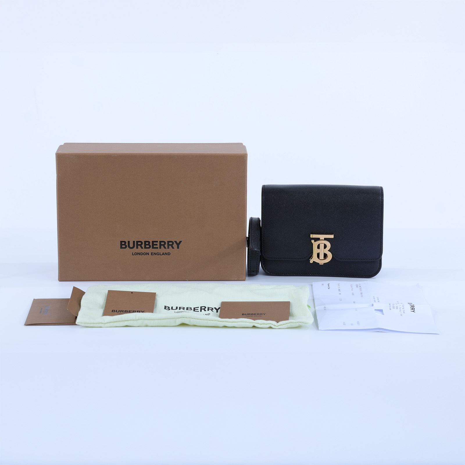 博柏利 BURBERRY LL SM TB Bag 斜背包 80206081 黑金TB荔枝肩背包 原廠盒子/防塵袋/背帶/購買證明