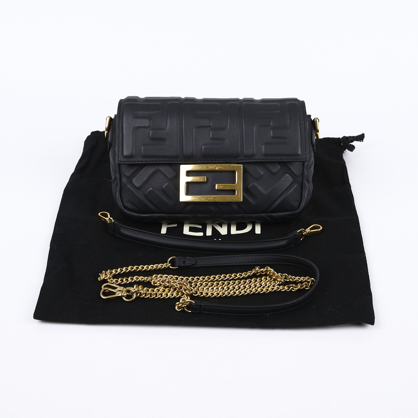 芬迪 FENDI 迷你 Baguette 納帕軟皮 8BS017A72V 黑FF皮革法棍包 2WAY 防塵袋/背帶2