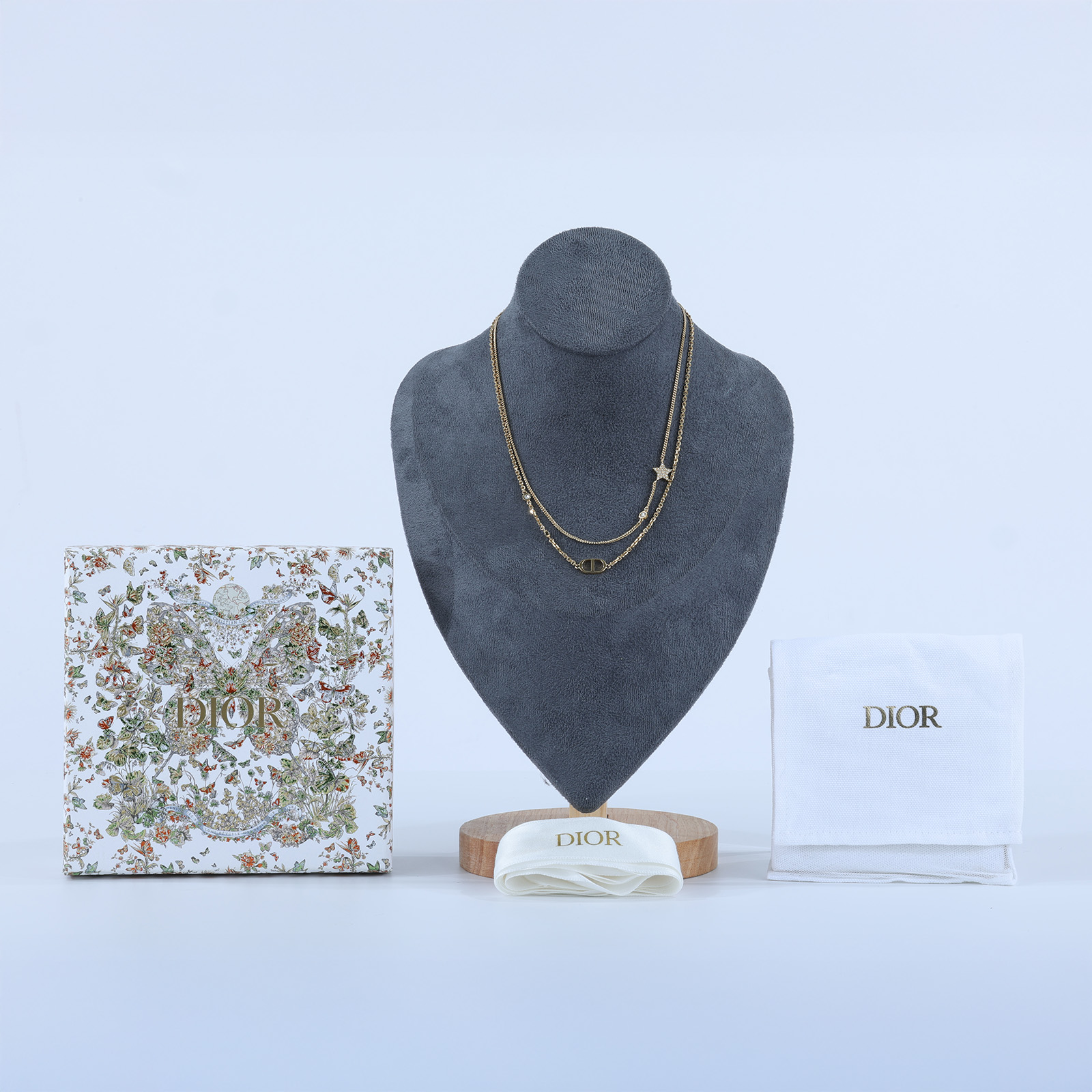 迪奧 CHRISTIAN DIOR Petit CD 雙項鍊 N1155PMTCY 金色雙鏈水鑽星星項鍊 原廠盒子/防塵袋