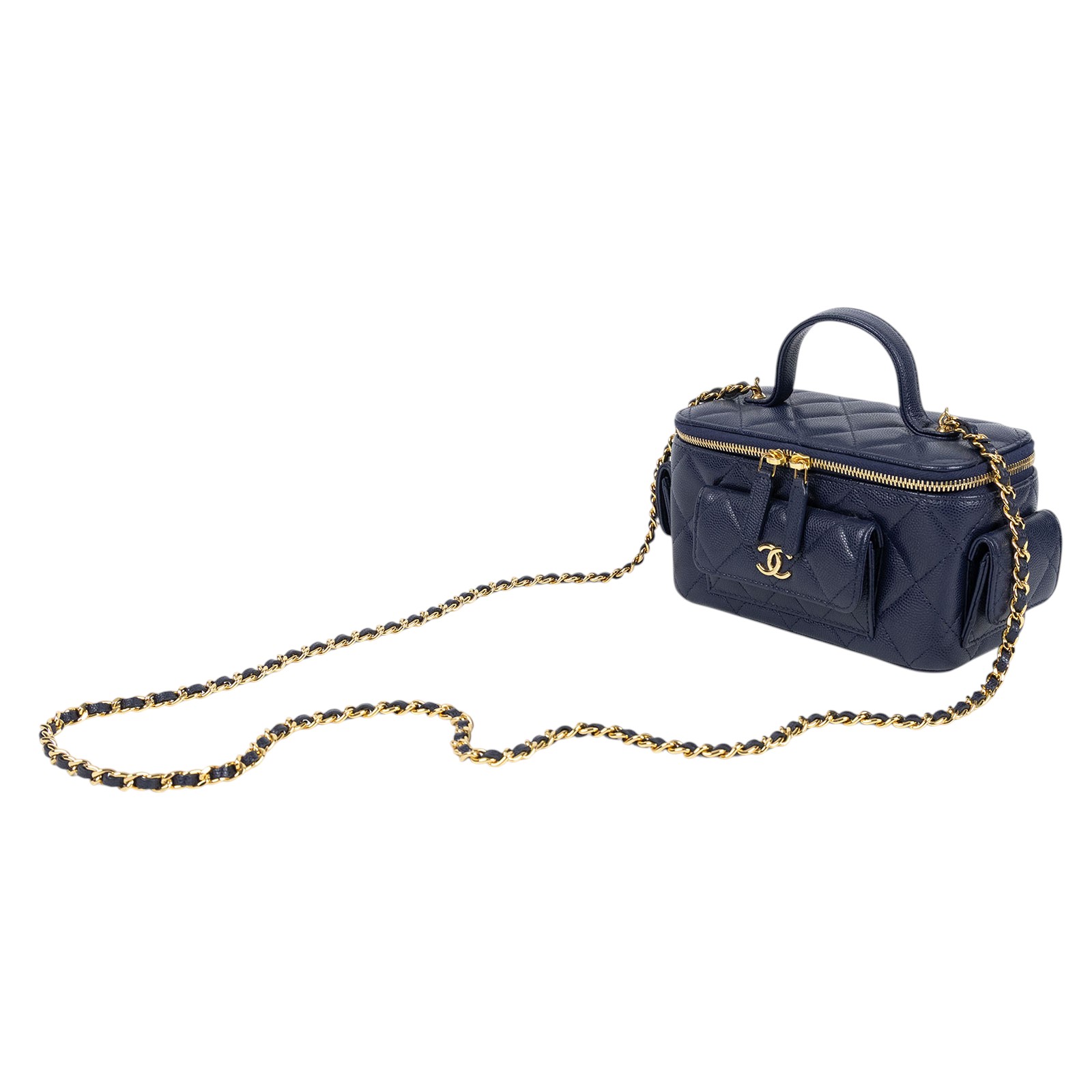 香奈兒 CHANEL Vanity Case 化妝箱 AP3017 晶片款 藍金荔枝牛多口袋VANITY 無附屬品