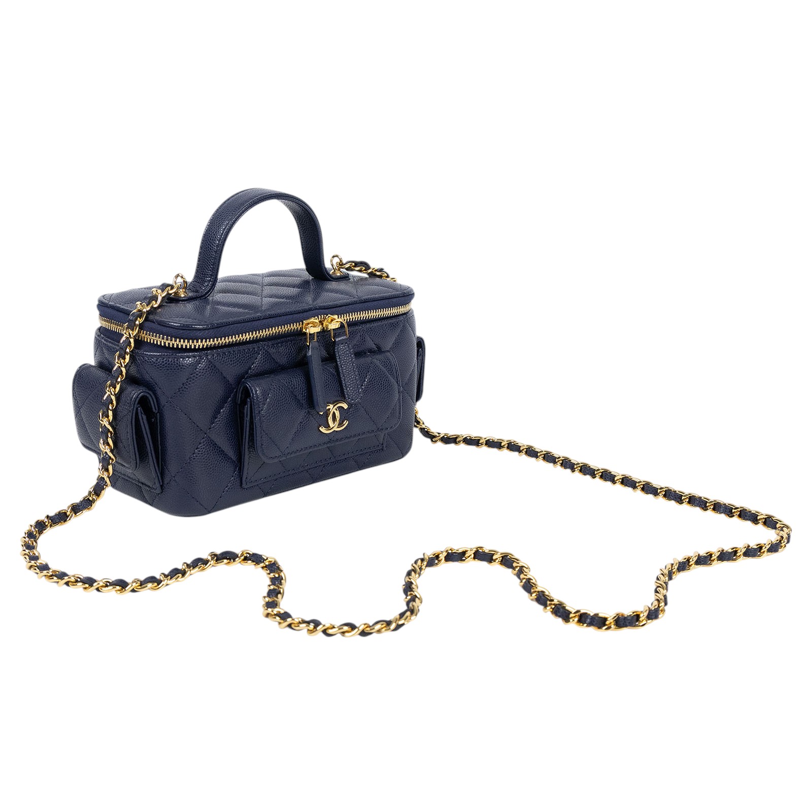 香奈兒 CHANEL Vanity Case 化妝箱 AP3017 晶片款 藍金荔枝牛多口袋VANITY 無附屬品