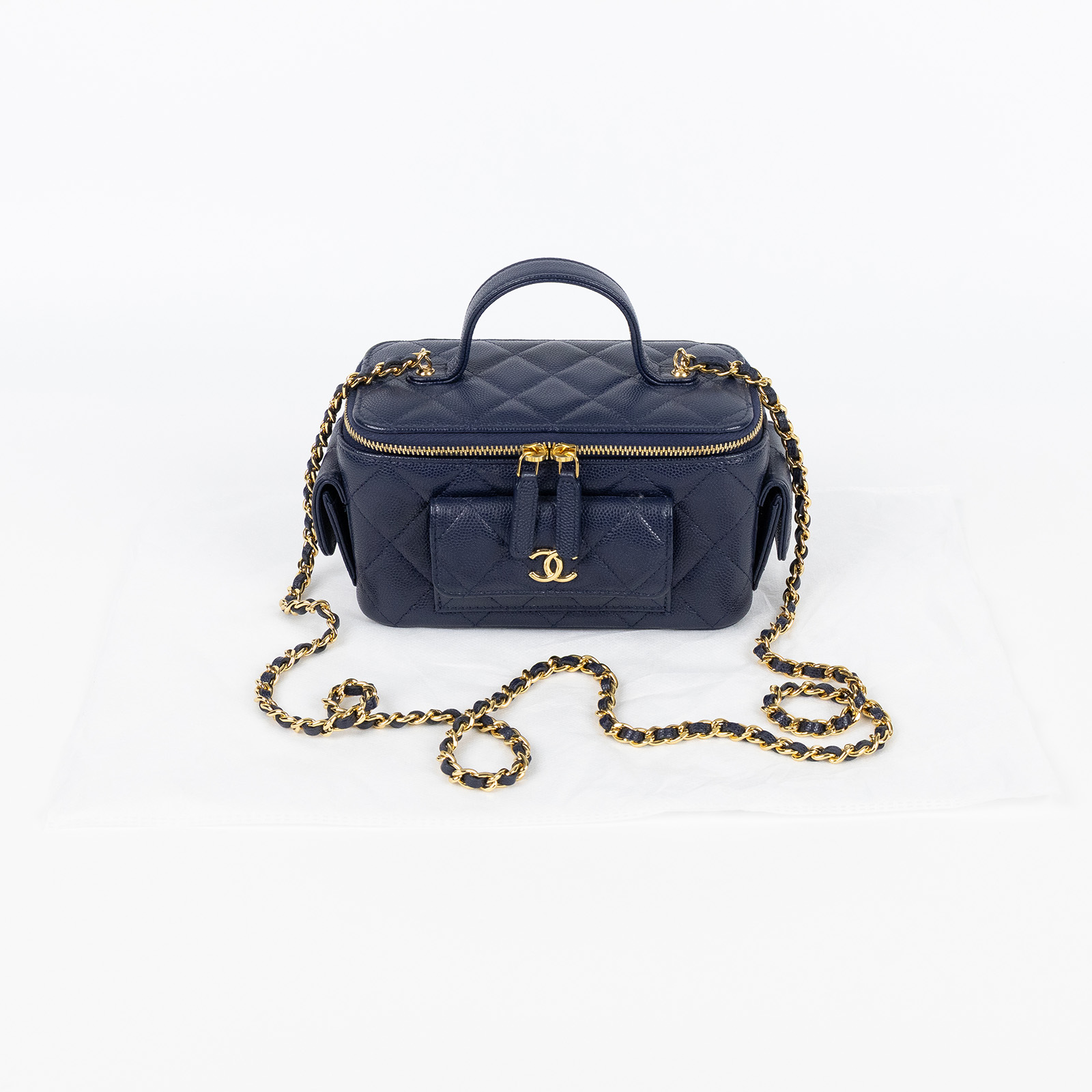 香奈兒 CHANEL Vanity Case 化妝箱 AP3017 晶片款 藍金荔枝牛多口袋VANITY 無附屬品