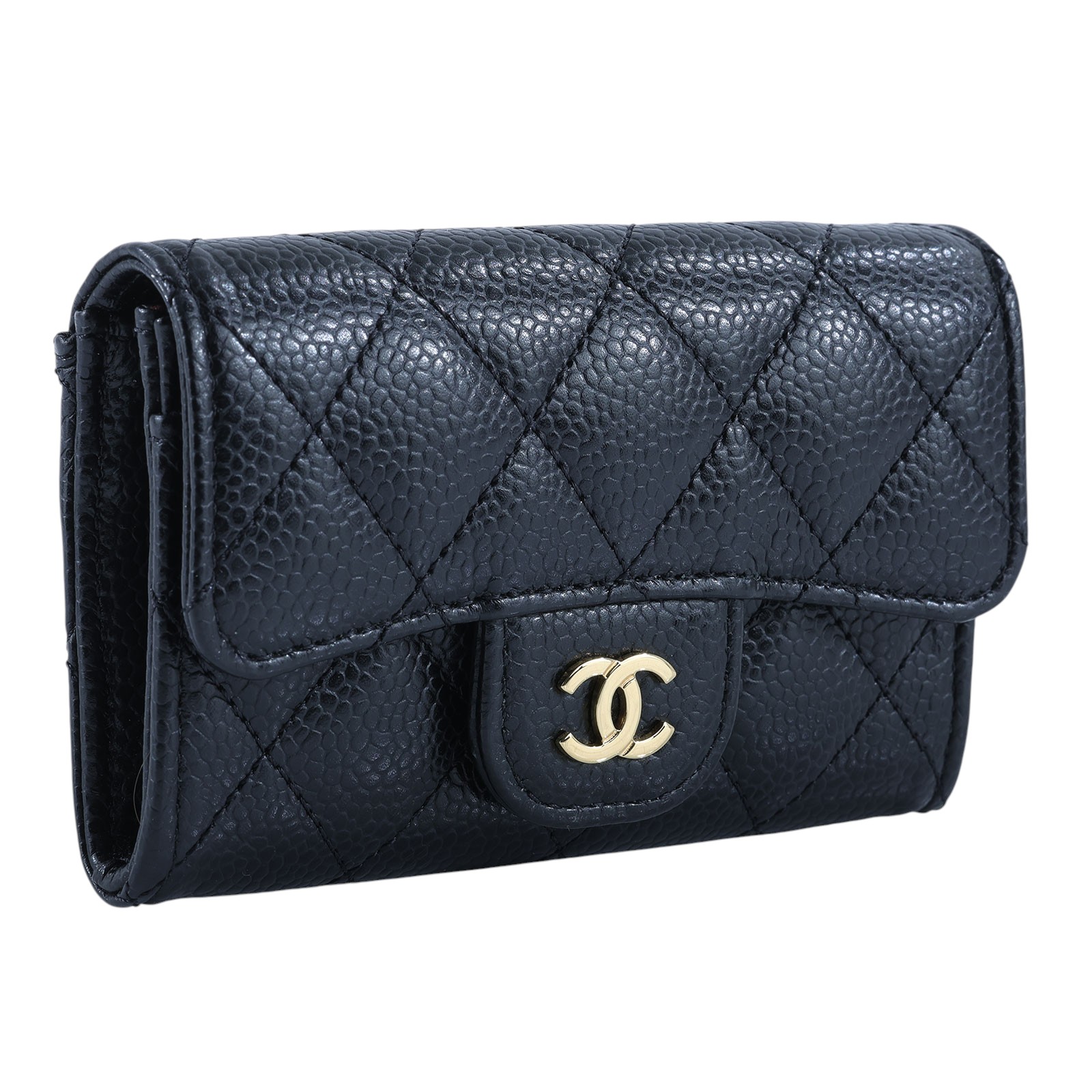 香奈兒 CHANEL 經典口蓋卡片夾 AP0214 黑金荔枝單層卡包 原廠盒子/防塵袋