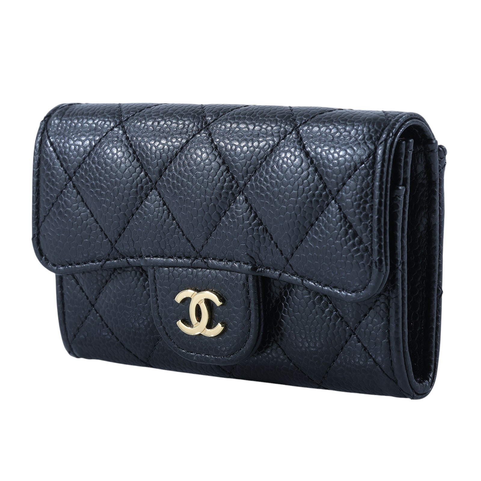 香奈兒 CHANEL 經典口蓋卡片夾 AP0214 黑金荔枝單層卡包 原廠盒子/防塵袋