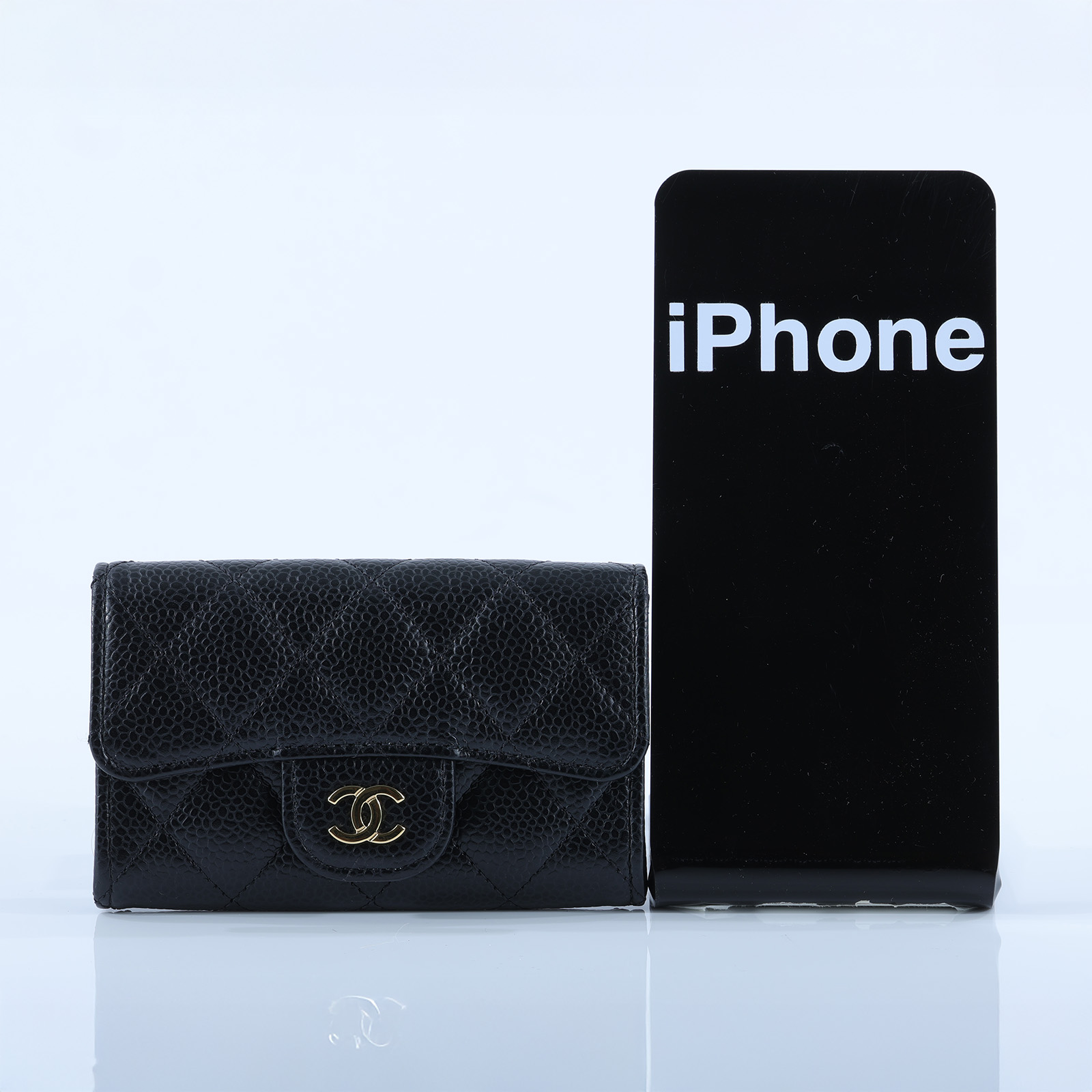 香奈兒 CHANEL 經典口蓋卡片夾 AP0214 黑金荔枝單層卡包 原廠盒子/防塵袋