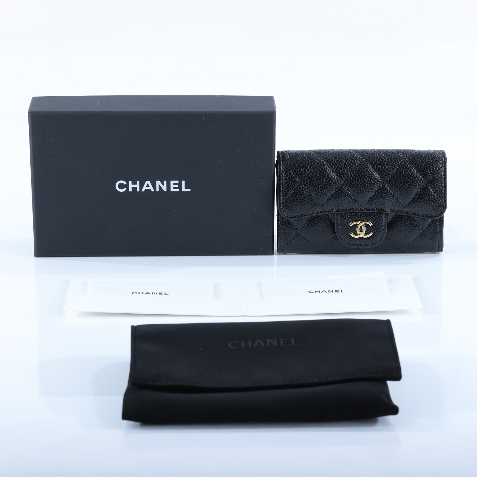 香奈兒 CHANEL 經典口蓋卡片夾 AP0214 黑金荔枝單層卡包 原廠盒子/防塵袋