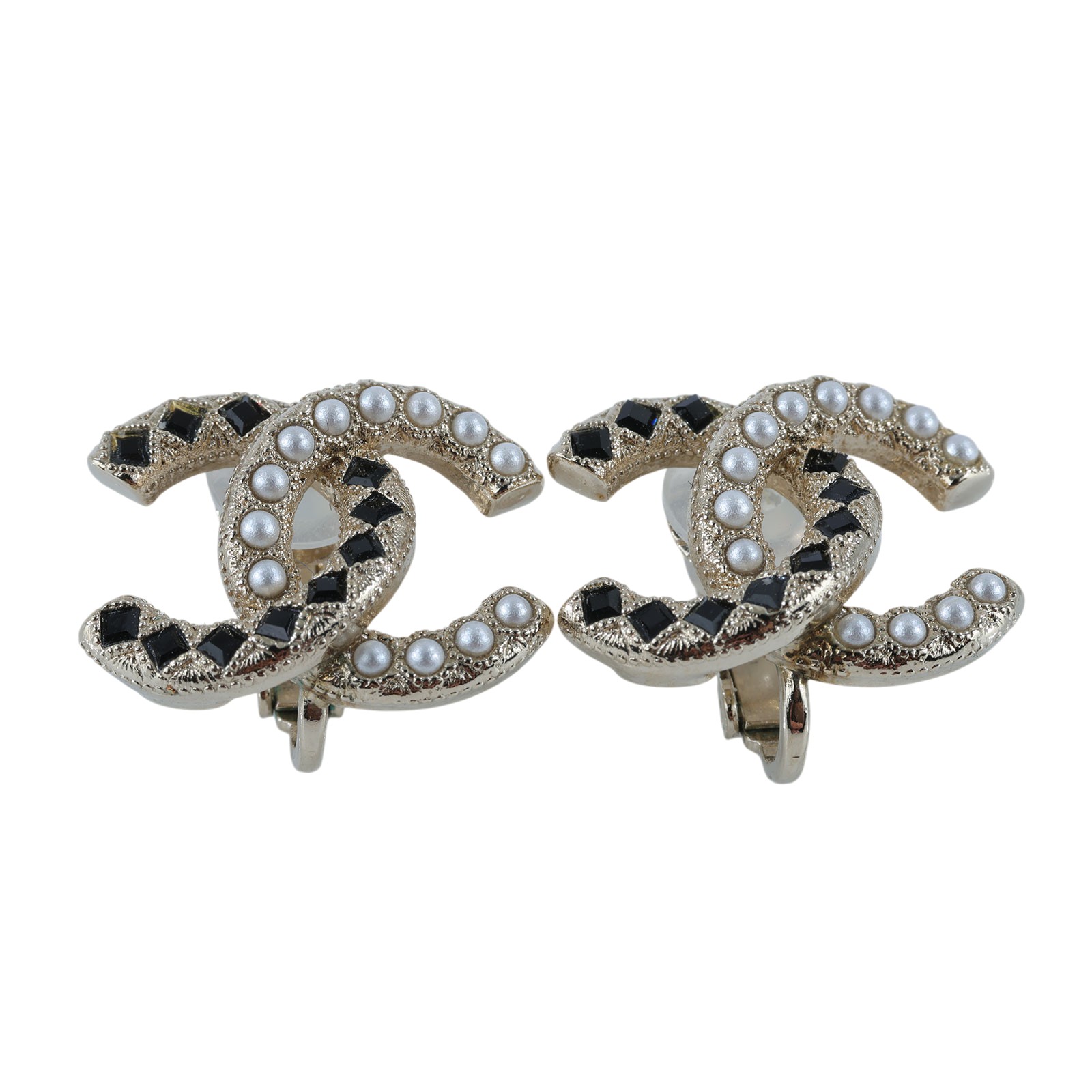 香奈兒 CHANEL 夾式耳環 A21A 珍珠拚黑鑽雙C耳夾 原廠盒子/防塵袋