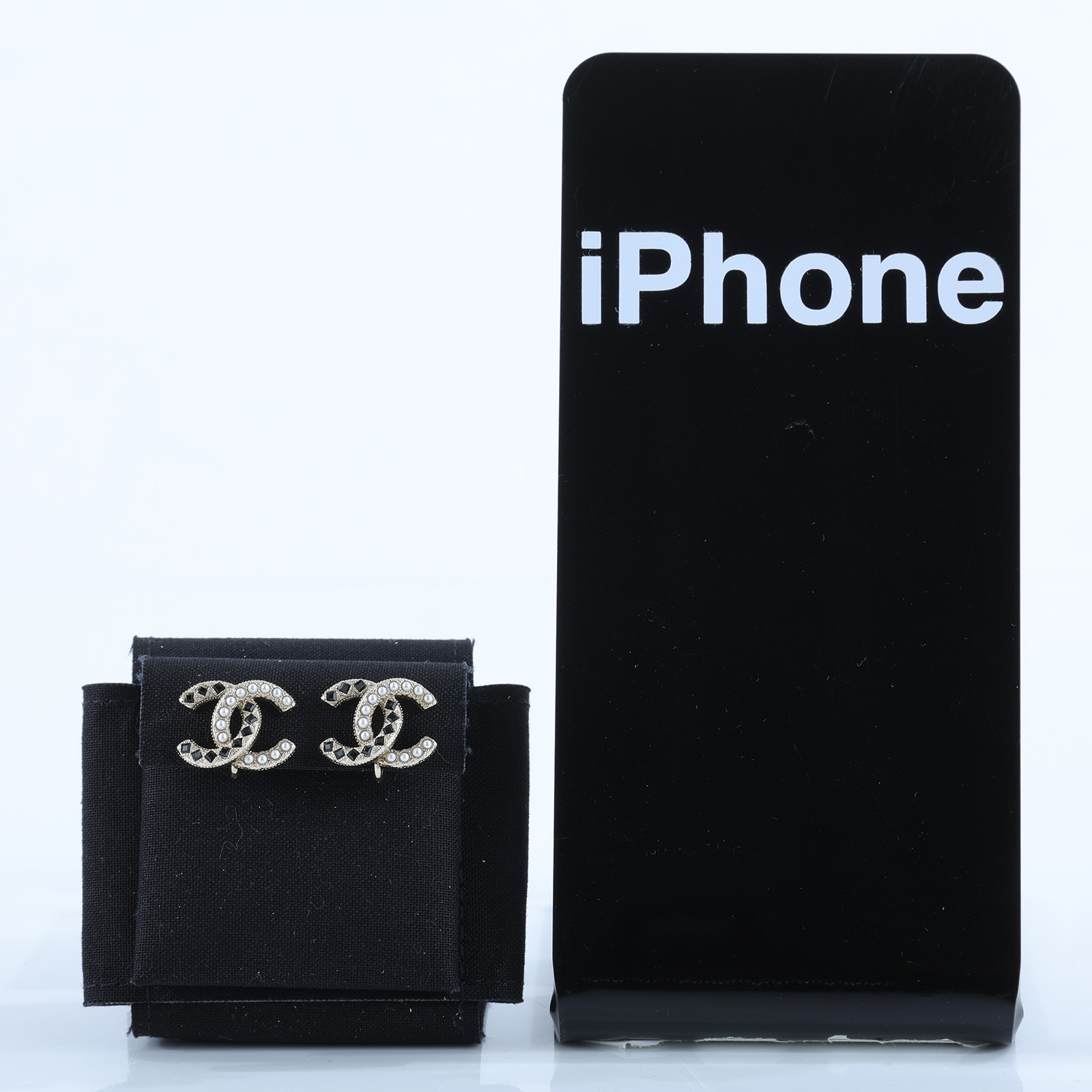 香奈兒 CHANEL 夾式耳環 A21A 珍珠拚黑鑽雙C耳夾 原廠盒子/防塵袋