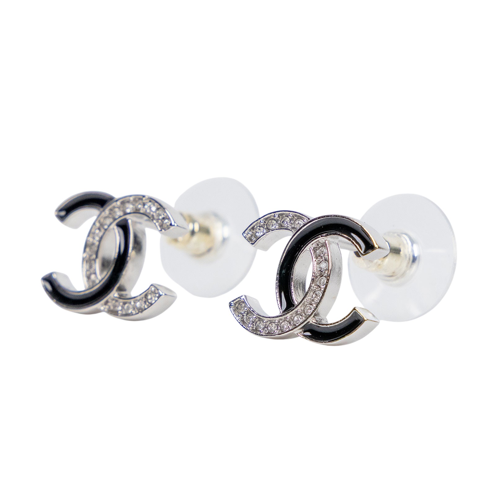 香奈兒 CHANEL CC LOGO 耳環 B25 S 黑銀水鑽雙C耳環 原廠盒子