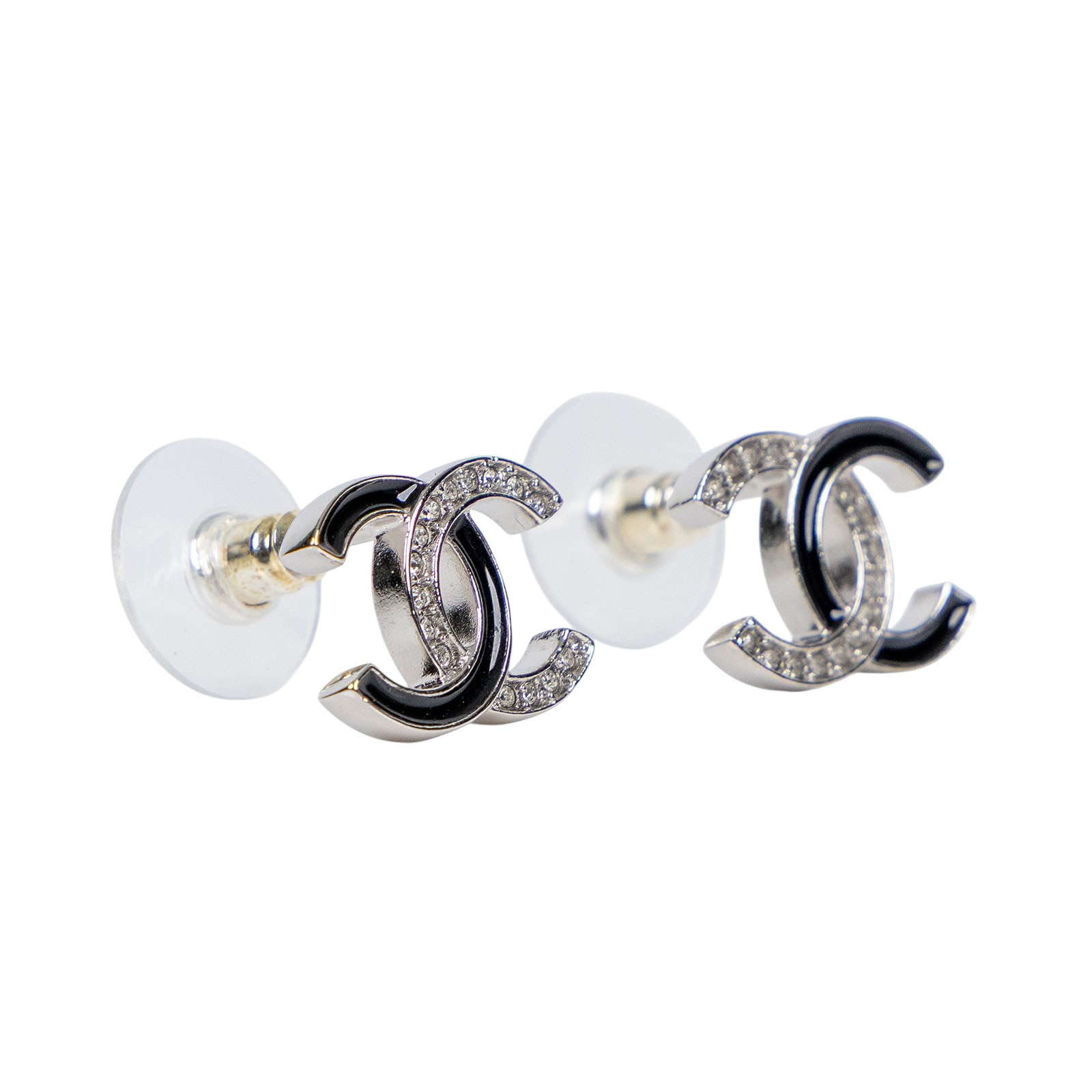 香奈兒 CHANEL CC LOGO 耳環 B25 S 黑銀水鑽雙C耳環 原廠盒子