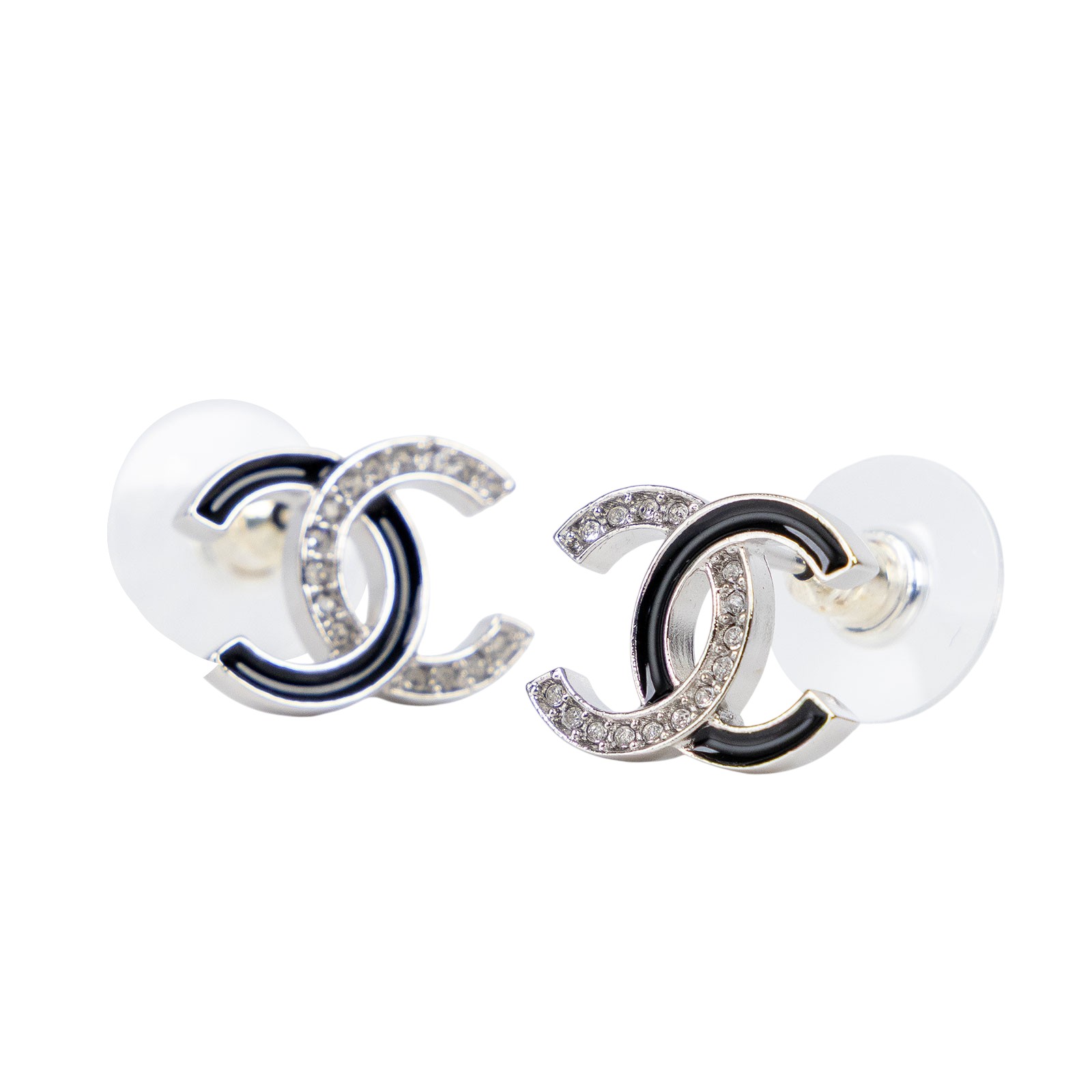 香奈兒 CHANEL CC LOGO 耳環 B25 S 黑銀水鑽雙C耳環 原廠盒子