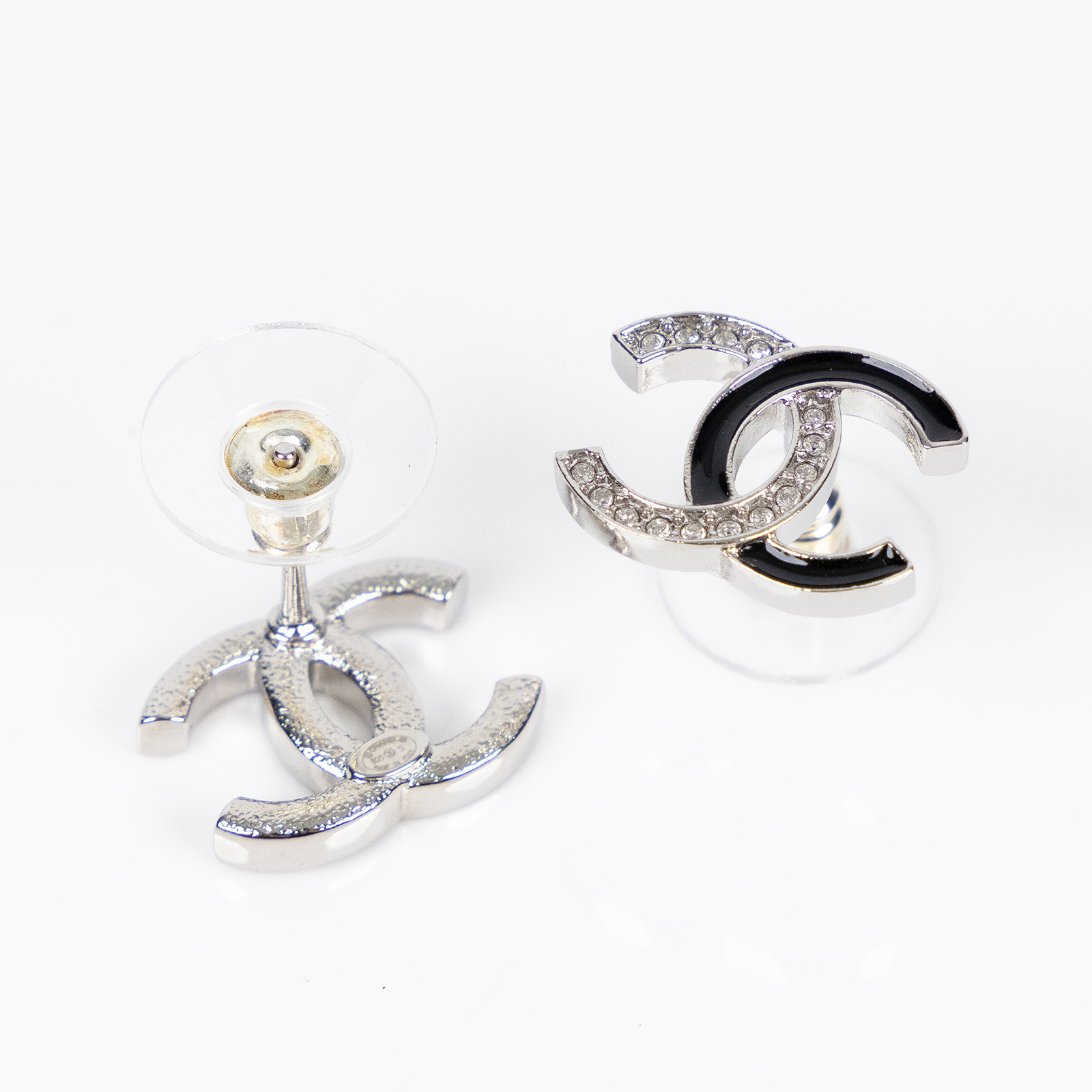 香奈兒 CHANEL CC LOGO 耳環 B25 S 黑銀水鑽雙C耳環 原廠盒子