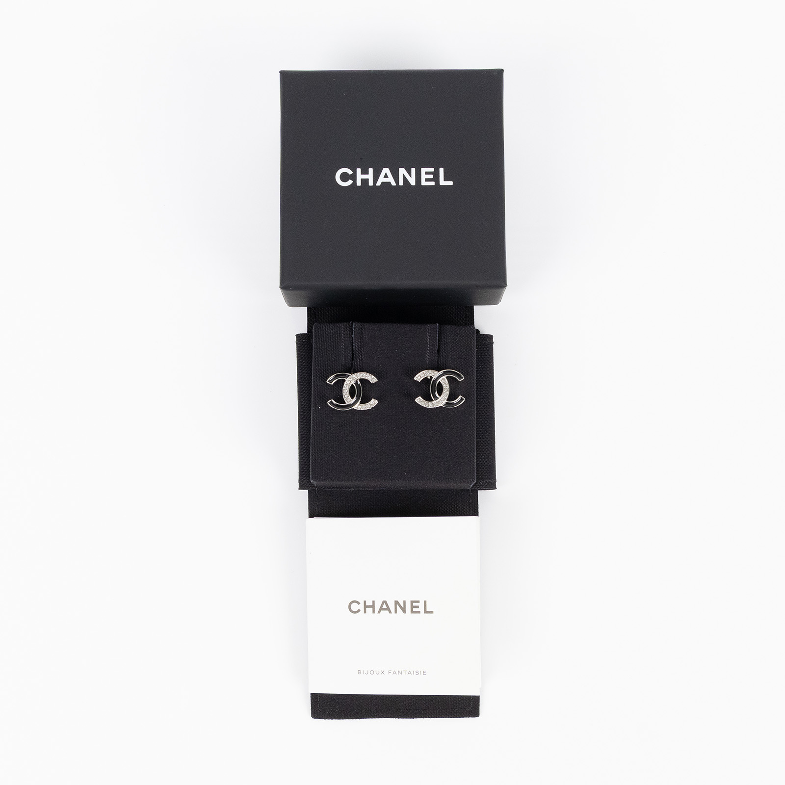 香奈兒 CHANEL CC LOGO 耳環 B25 S 黑銀水鑽雙C耳環 原廠盒子