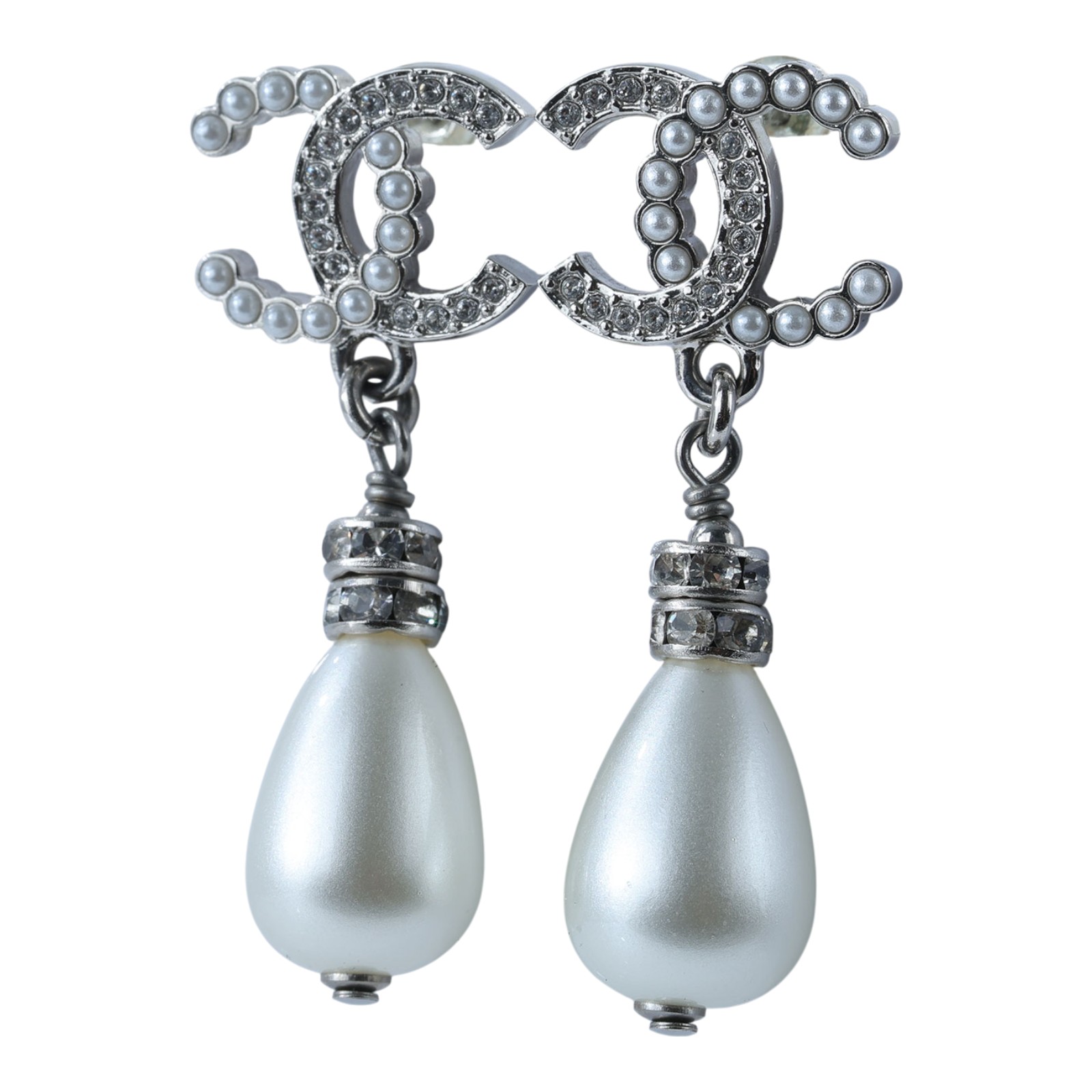 香奈兒 CHANEL 耳釘 B24S 銀色水鑽珍珠垂墜耳環 原廠盒子/防塵袋