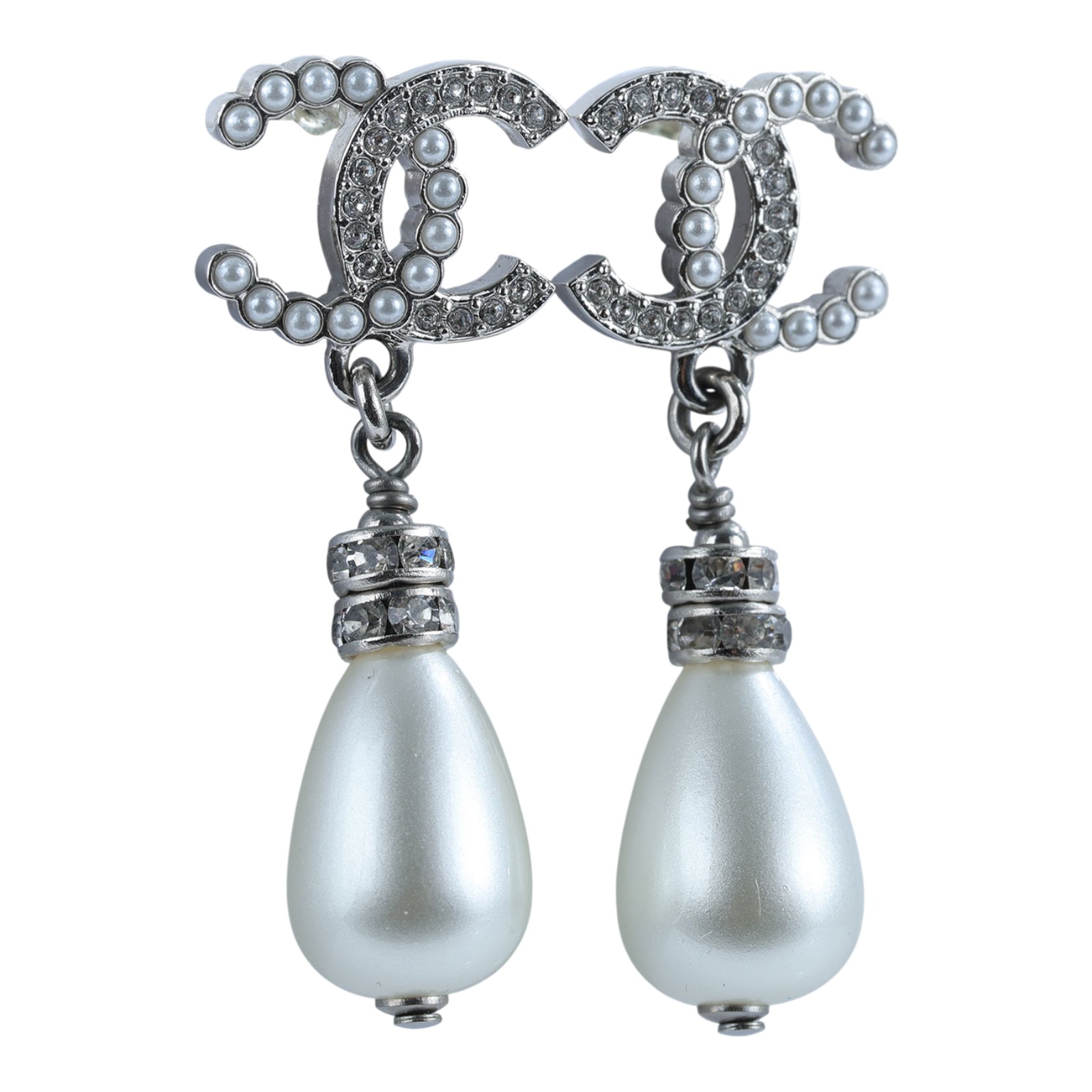 香奈兒 CHANEL 耳釘 B24S 銀色水鑽珍珠垂墜耳環 原廠盒子/防塵袋