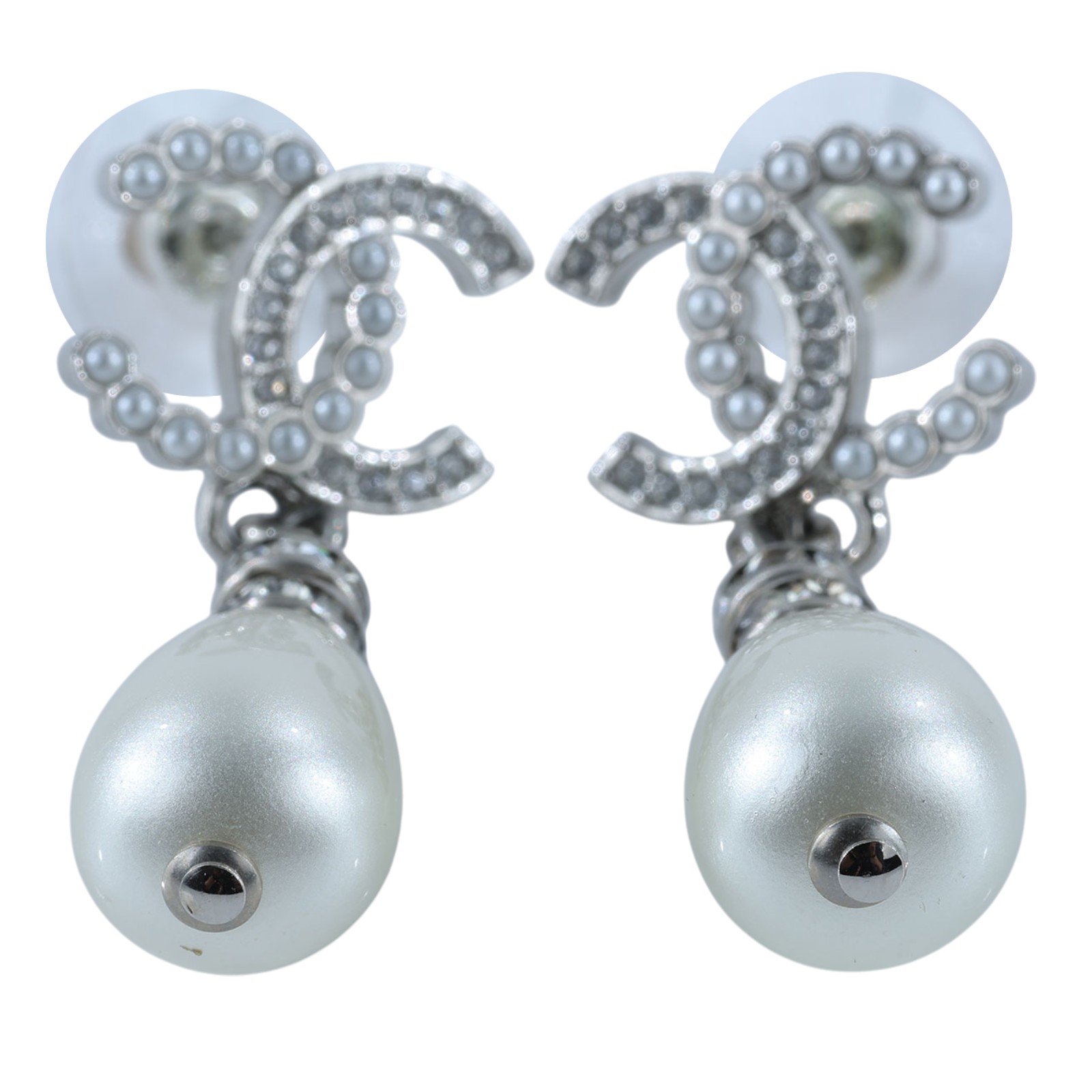 香奈兒 CHANEL 耳釘 B24S 銀色水鑽珍珠垂墜耳環 原廠盒子/防塵袋