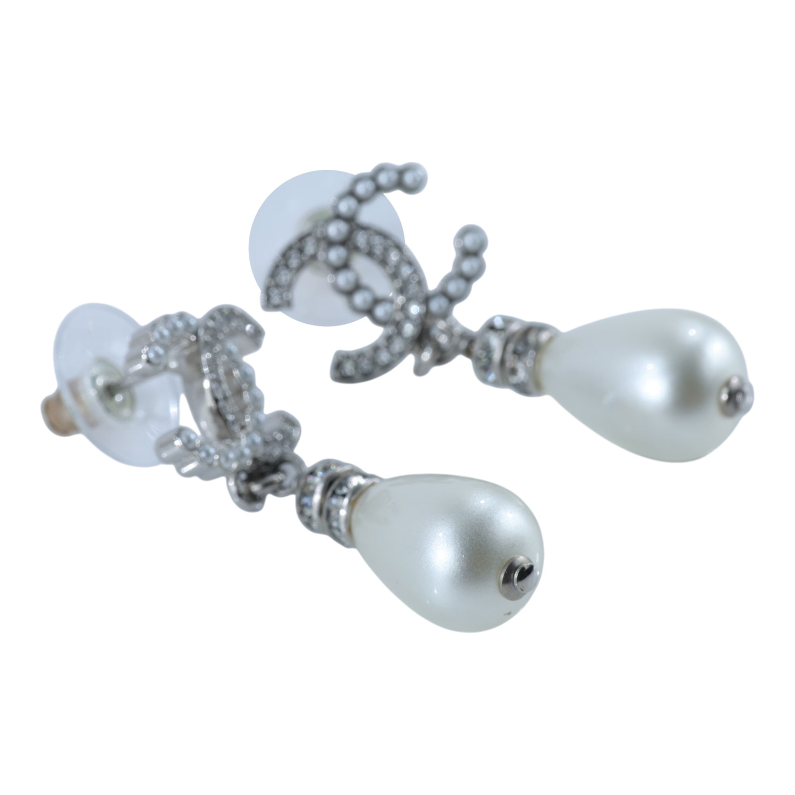 香奈兒 CHANEL 耳釘 B24S 銀色水鑽珍珠垂墜耳環 原廠盒子/防塵袋