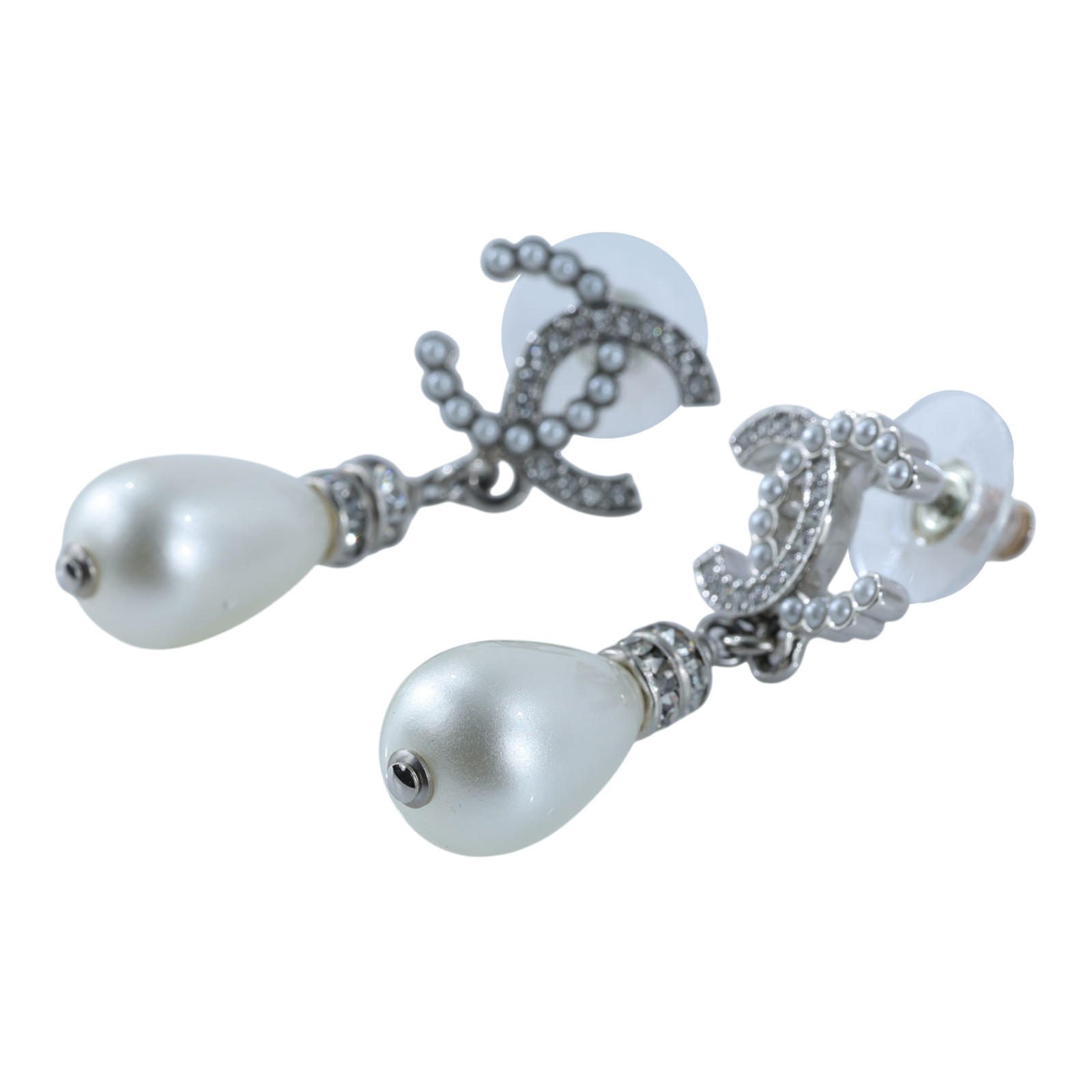 香奈兒 CHANEL 耳釘 B24S 銀色水鑽珍珠垂墜耳環 原廠盒子/防塵袋