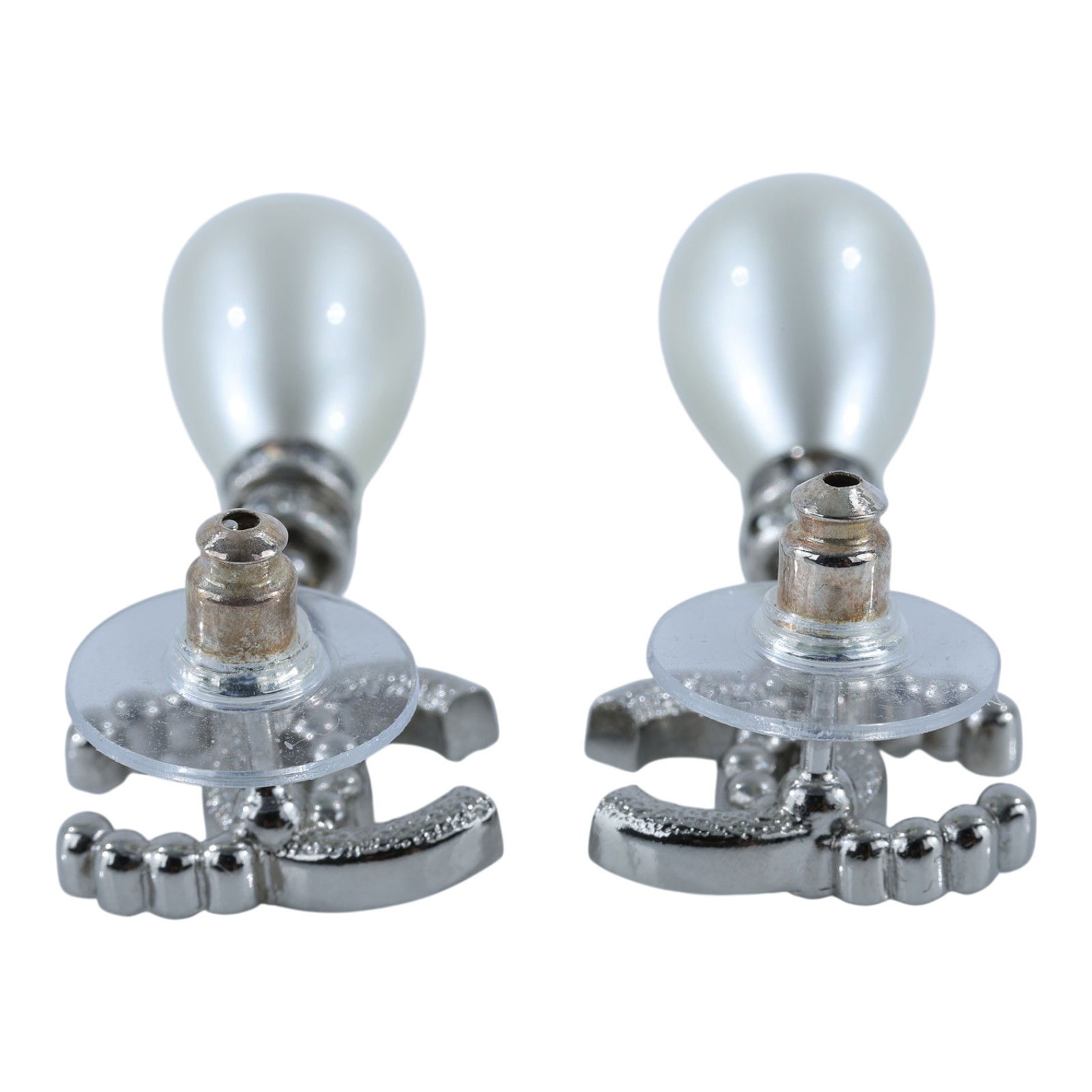 香奈兒 CHANEL 耳釘 B24S 銀色水鑽珍珠垂墜耳環 原廠盒子/防塵袋