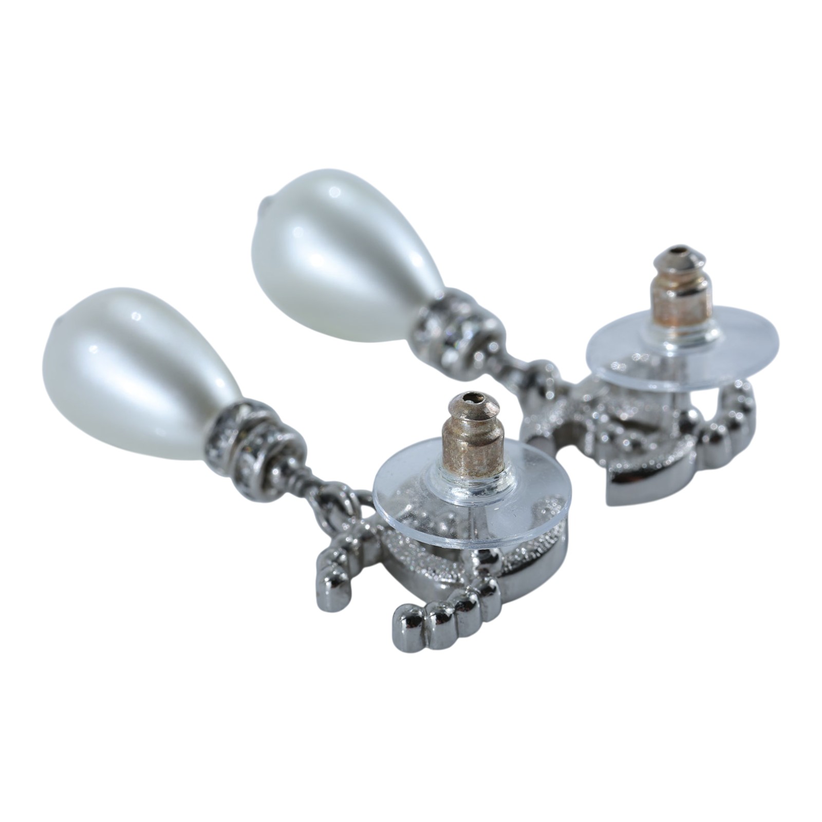 香奈兒 CHANEL 耳釘 B24S 銀色水鑽珍珠垂墜耳環 原廠盒子/防塵袋