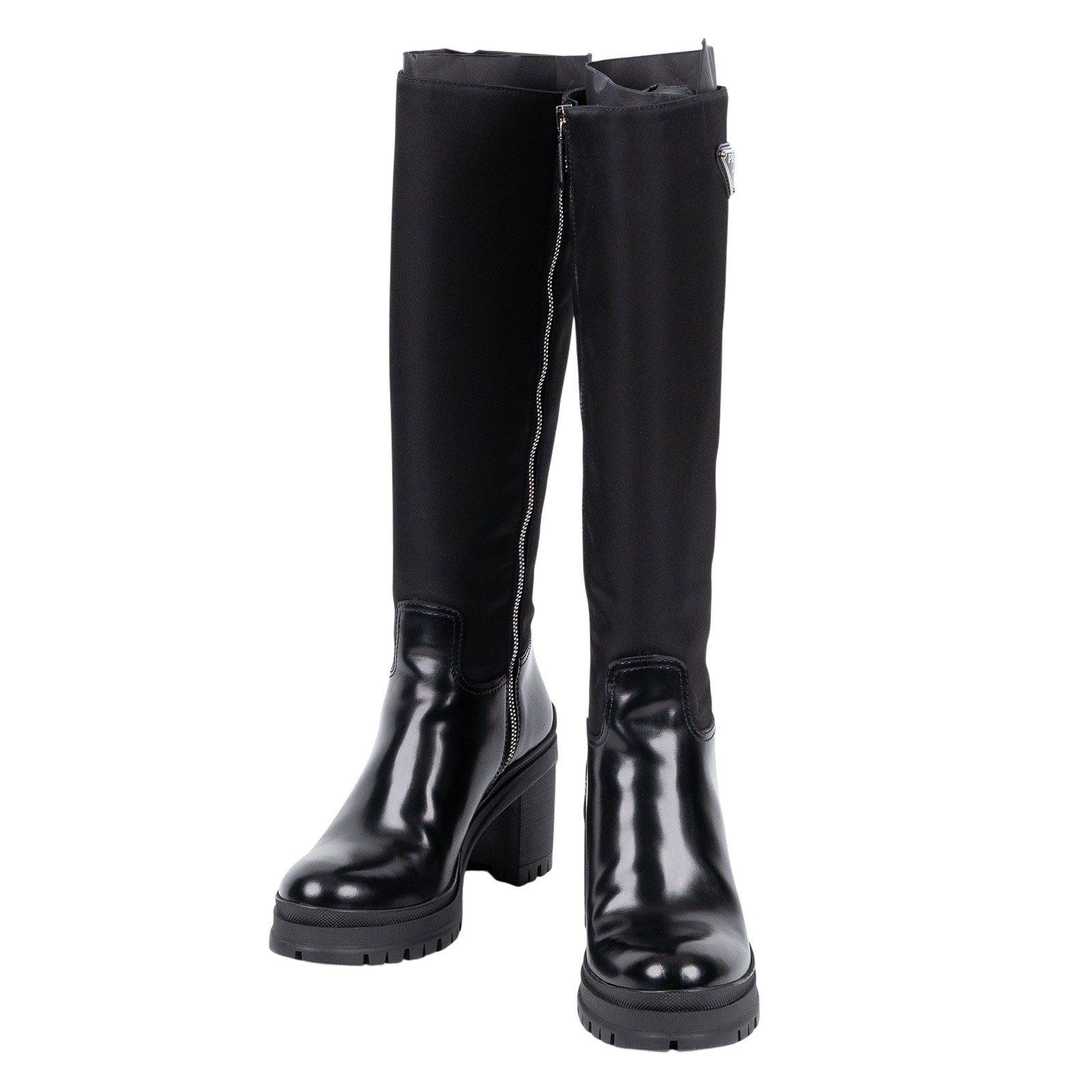 普拉達 PRADA 尼龍長靴 1W011N_3LFU_37 黑亮面皮革拼尼龍靴#37 原廠盒子/防塵袋3