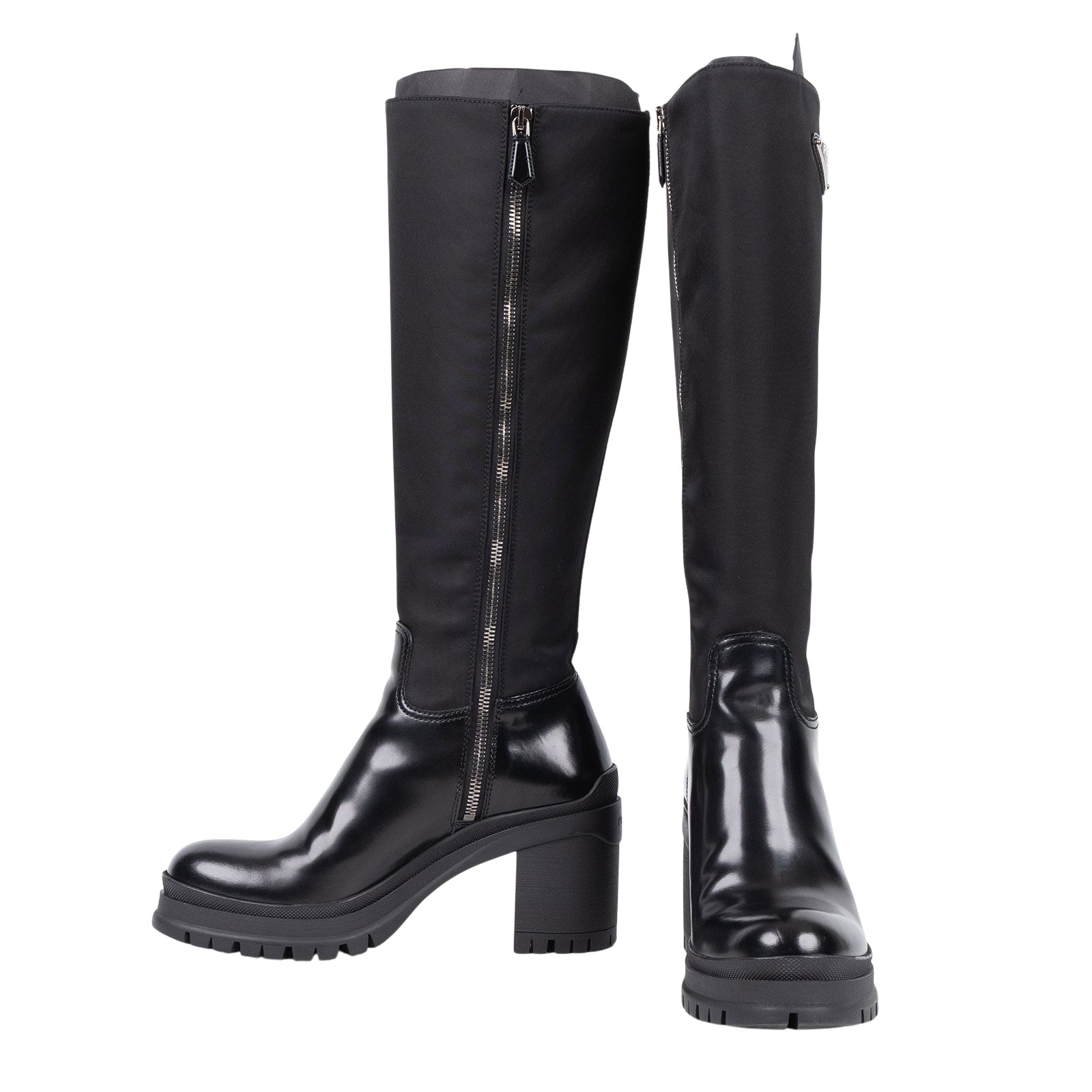 普拉達 PRADA 尼龍長靴 1W011N_3LFU_37 黑亮面皮革拼尼龍靴#37 原廠盒子/防塵袋3