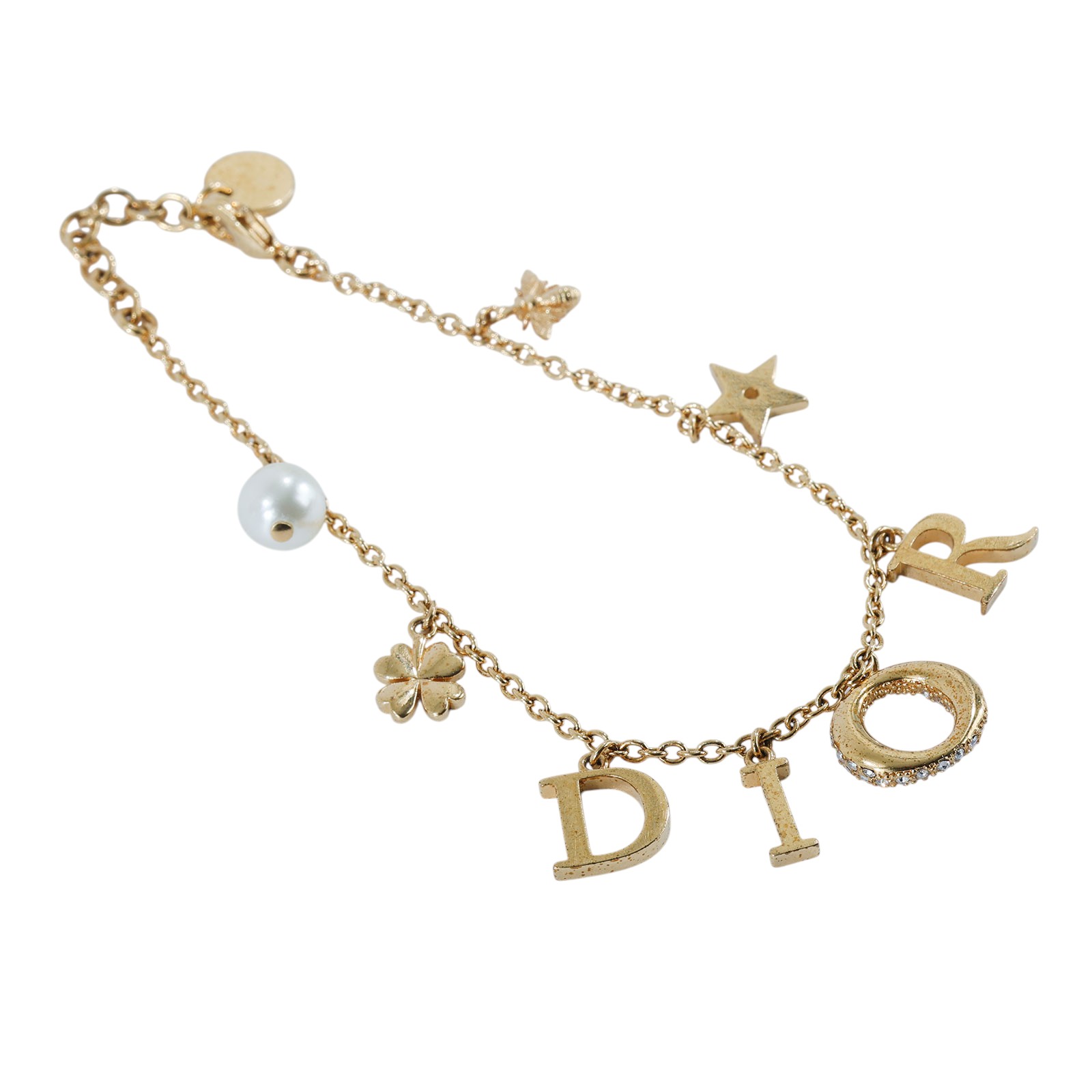 迪奧 CHRISTIAN DIOR Evolution 手鍊 金色  金LOGO水鑽珍珠手鍊 原廠盒子/防塵袋