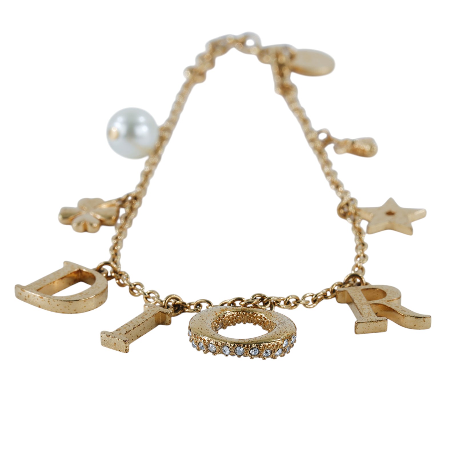 迪奧 CHRISTIAN DIOR Evolution 手鍊 金色  金LOGO水鑽珍珠手鍊 原廠盒子/防塵袋