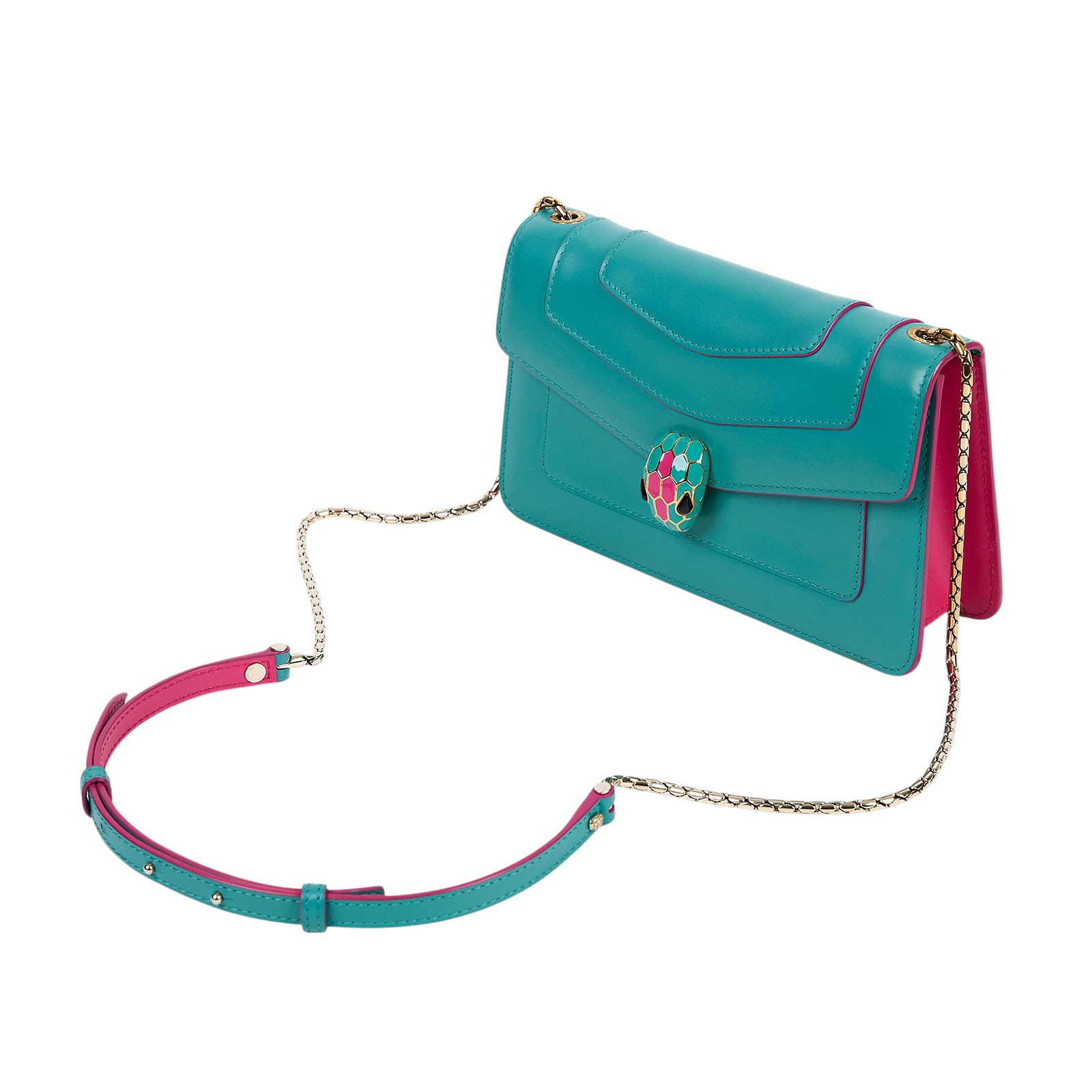 寶格麗 BVLGARI Serpenti Forever 口蓋包 289543 藍綠拚螢光粉蛇頭包 背帶/防塵袋/MIRROR/購買證明/保證卡/雨衣