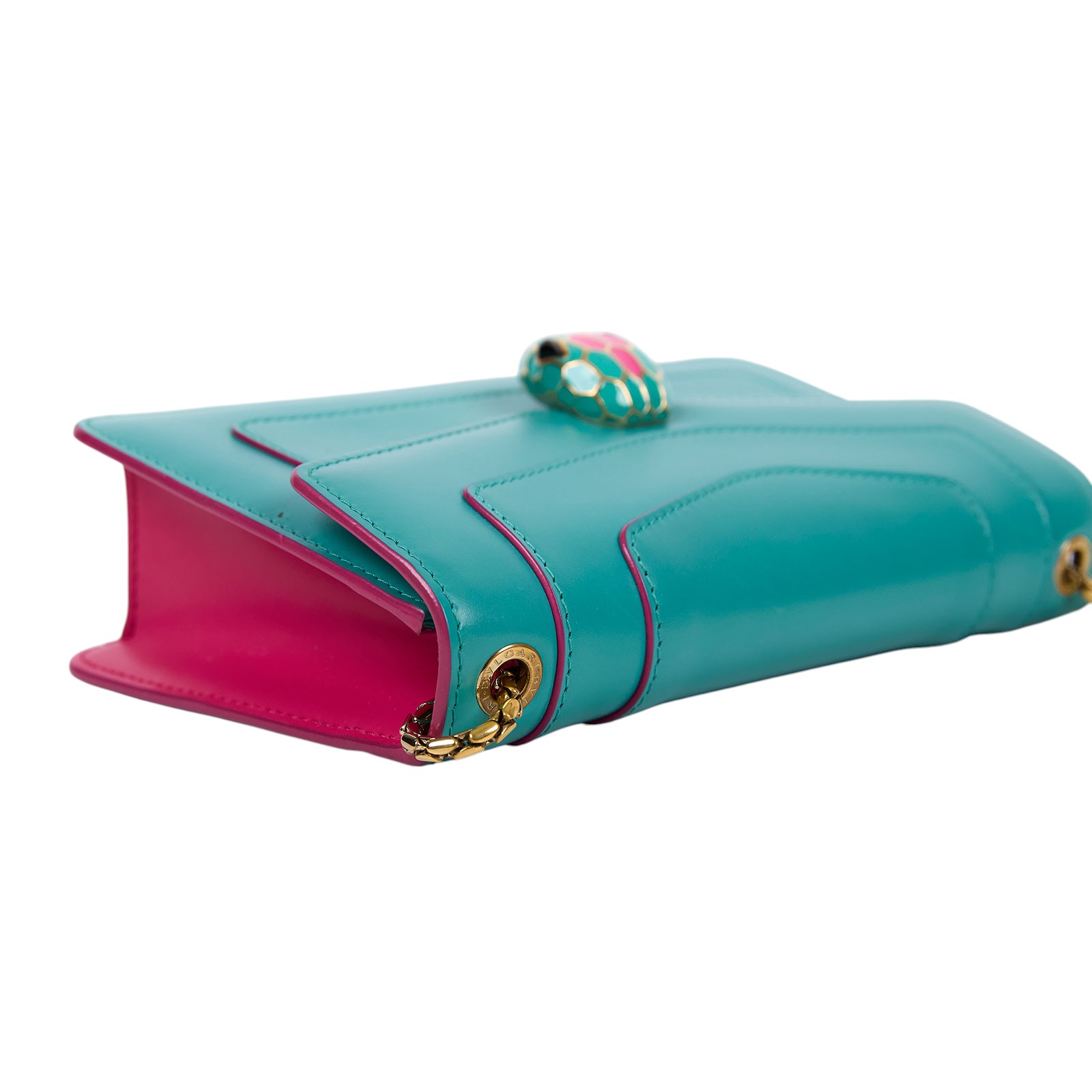 寶格麗 BVLGARI Serpenti Forever 口蓋包 289543 藍綠拚螢光粉蛇頭包 背帶/防塵袋/MIRROR/購買證明/保證卡/雨衣