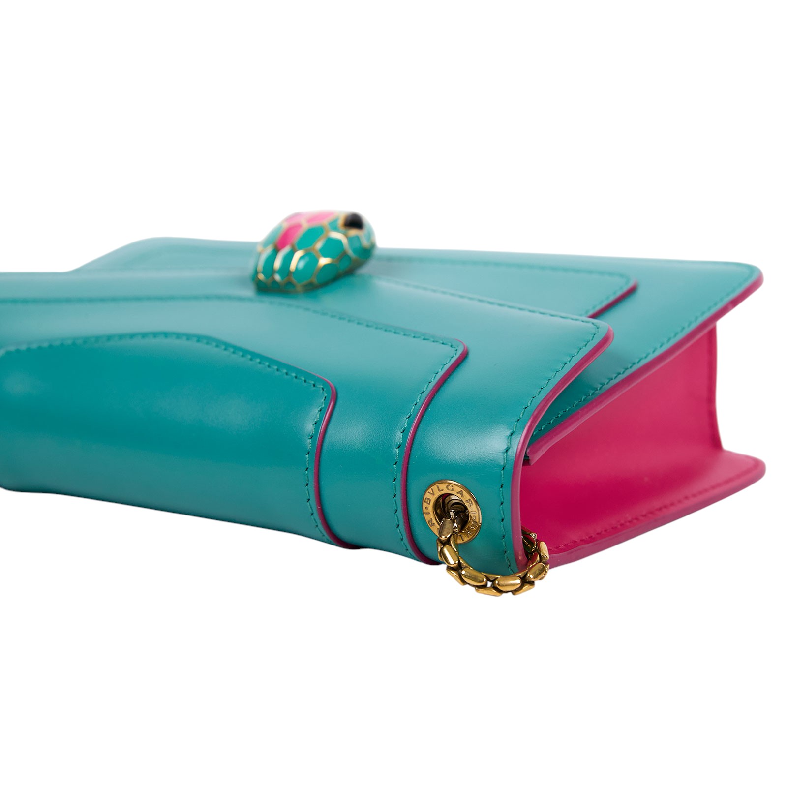 寶格麗 BVLGARI Serpenti Forever 口蓋包 289543 藍綠拚螢光粉蛇頭包 背帶/防塵袋/MIRROR/購買證明/保證卡/雨衣