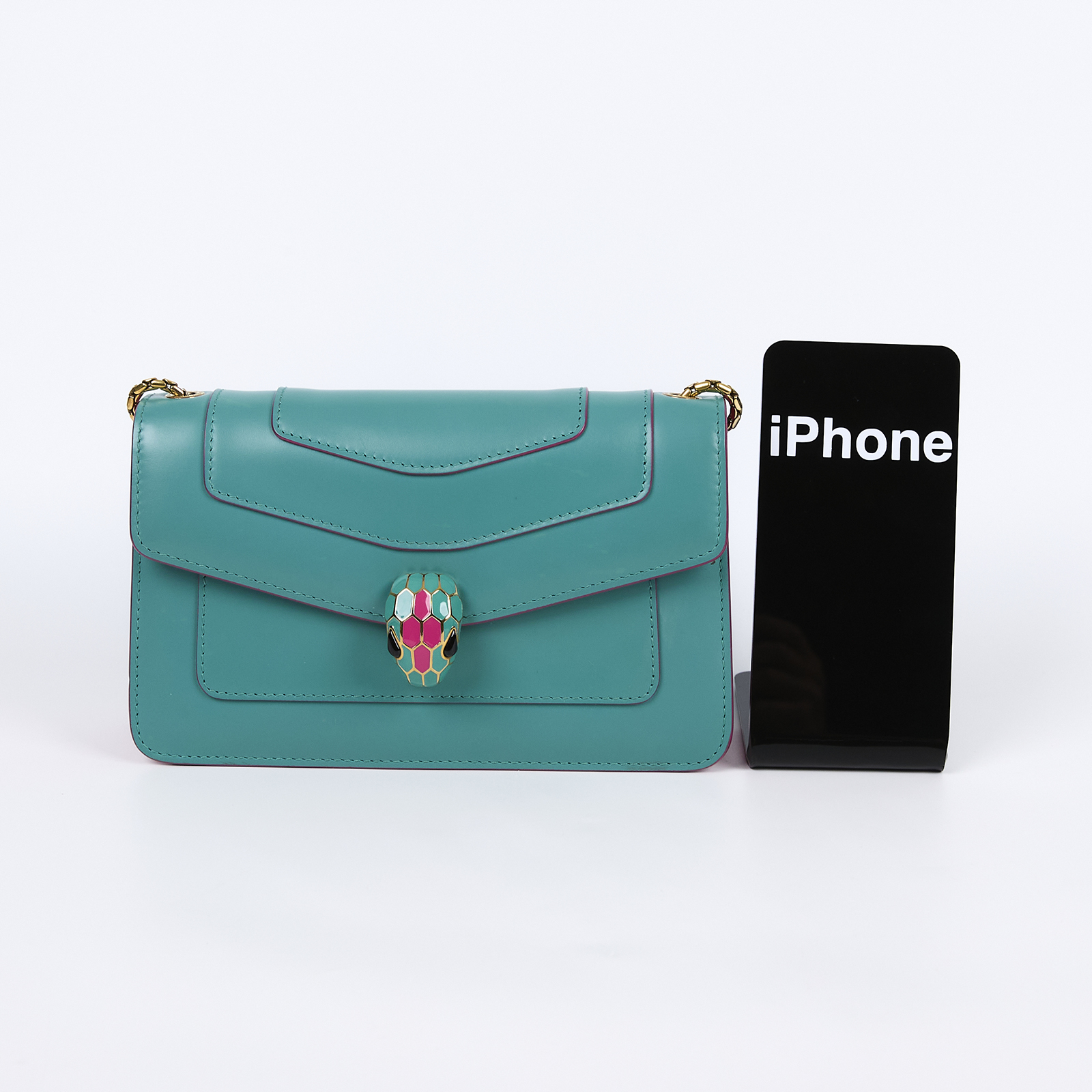 寶格麗 BVLGARI Serpenti Forever 口蓋包 289543 藍綠拚螢光粉蛇頭包 背帶/防塵袋/MIRROR/購買證明/保證卡/雨衣