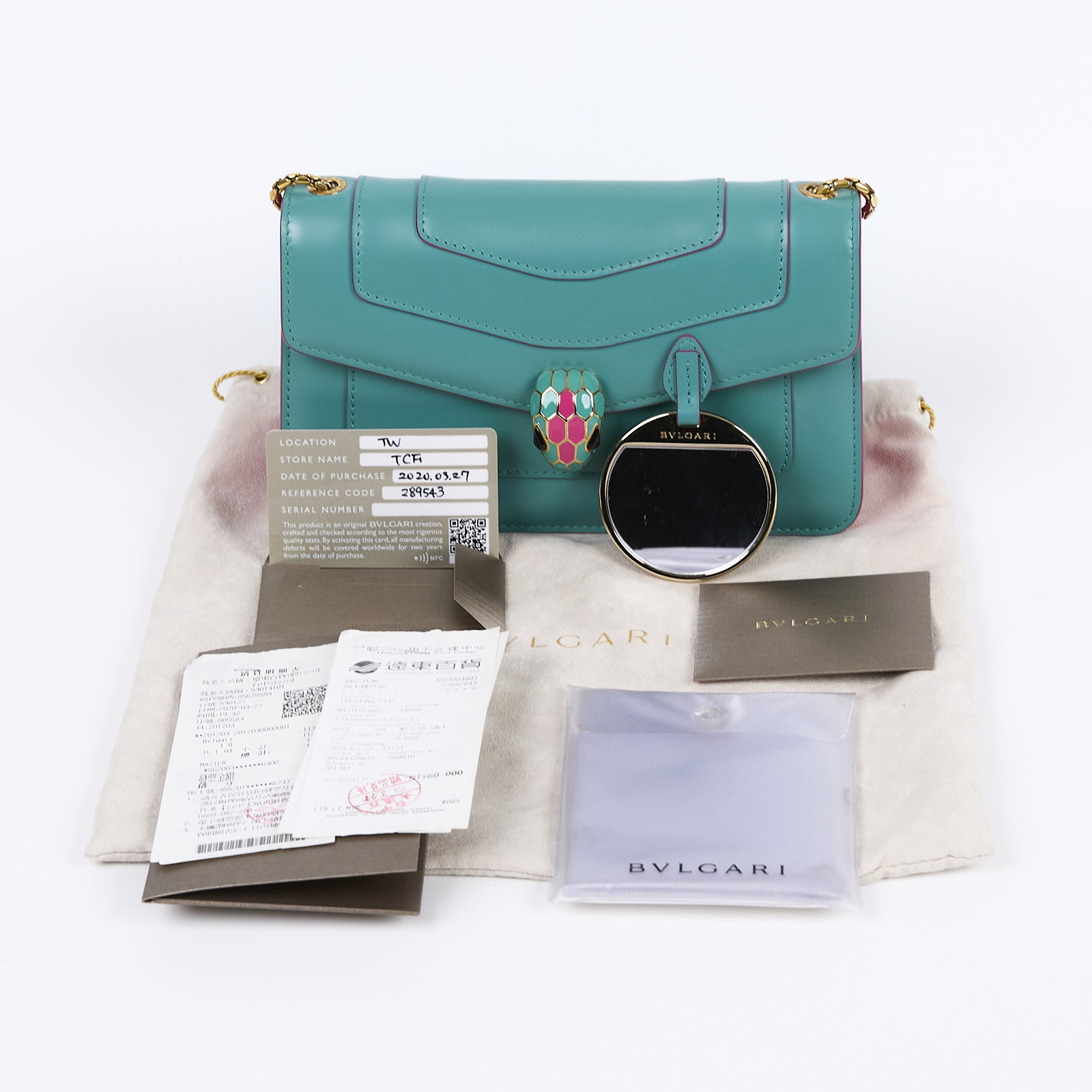 寶格麗 BVLGARI Serpenti Forever 口蓋包 289543 藍綠拚螢光粉蛇頭包 背帶/防塵袋/MIRROR/購買證明/保證卡/雨衣