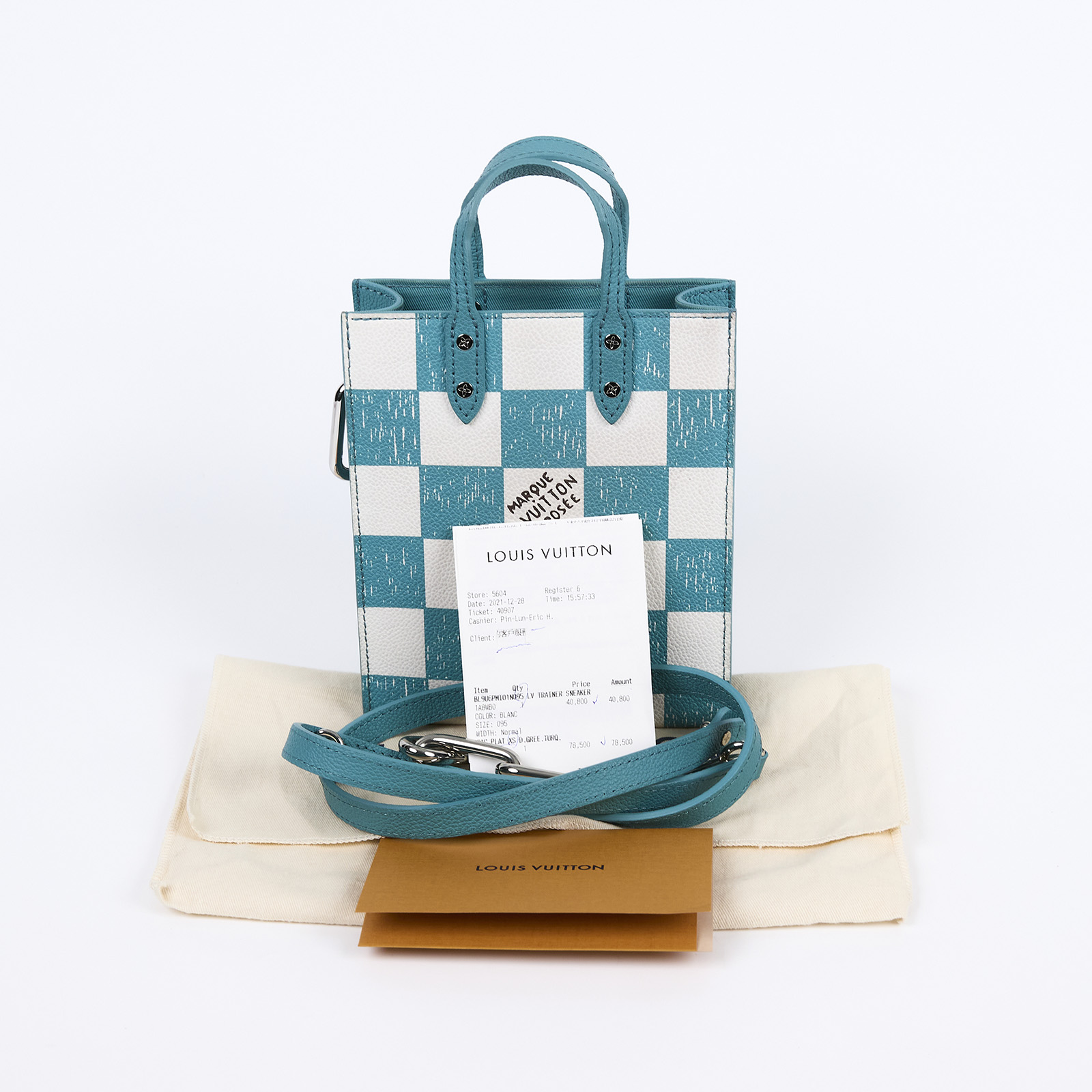 路易威登 LOUIS VUITTON Sac Plat 手提 鏈條包 N60495 晶片款 藍白棋盤格Sac Plat XS 防塵袋/背帶/購買證明