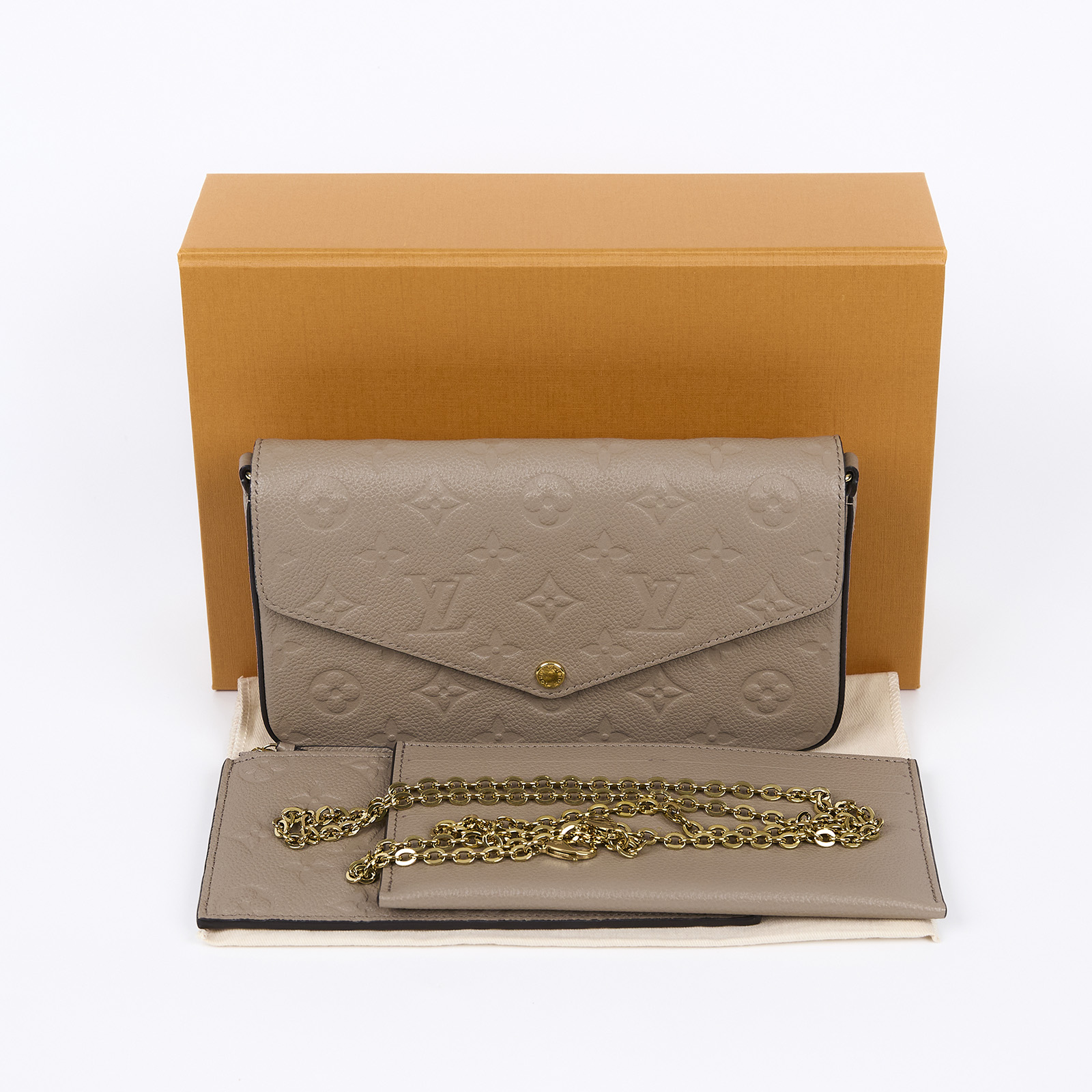 路易威登 LOUIS VUITTON Félicie Pochette 壓花皮格 WOC 翻蓋 斜背 鍊帶 肩背包 米色 M82609 晶片款  原廠盒子/防塵袋/背帶/內袋2