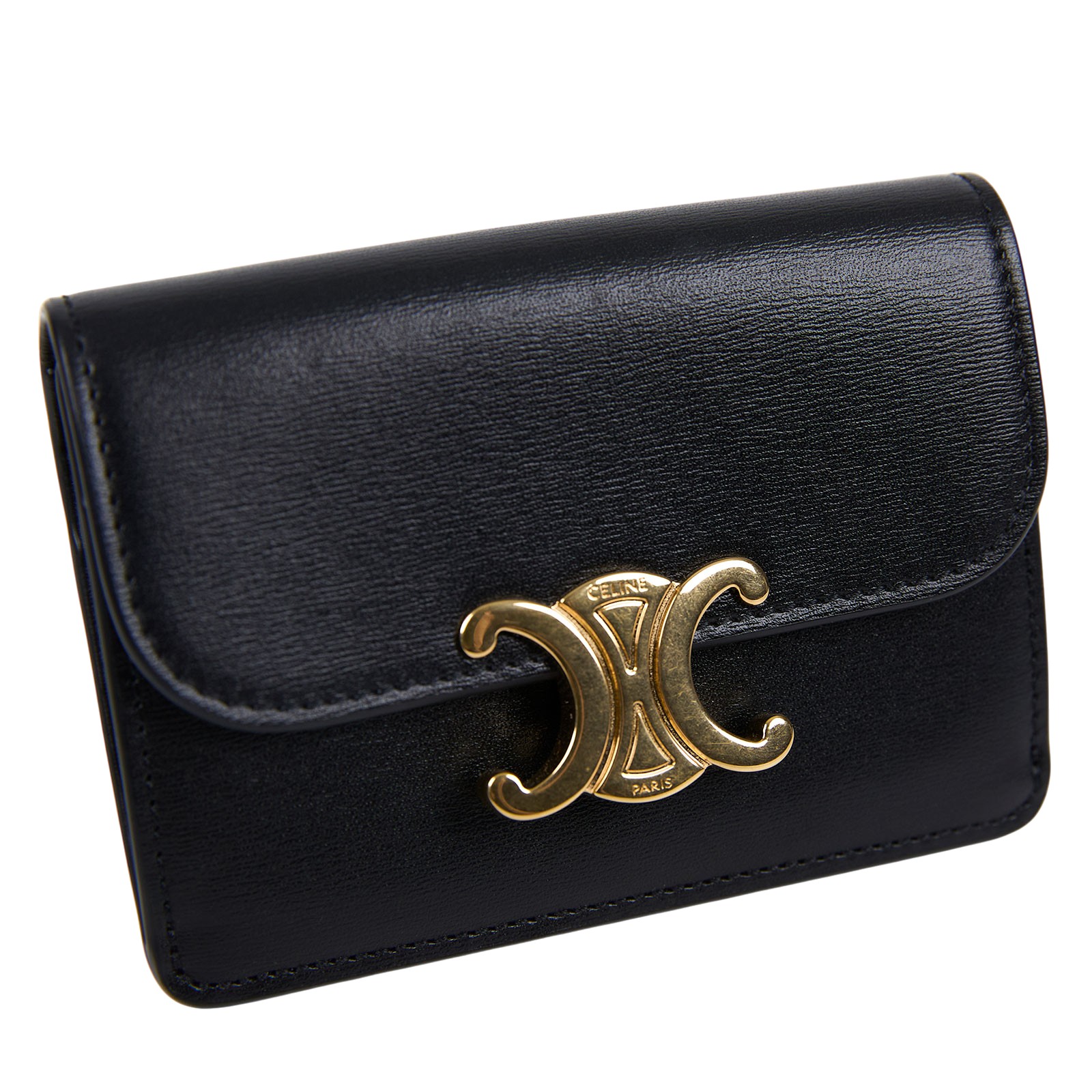 思琳 CELINE Triomphe 翻蓋卡包 10I583DPV 黑金凱旋卡夾 原廠盒子/防塵袋