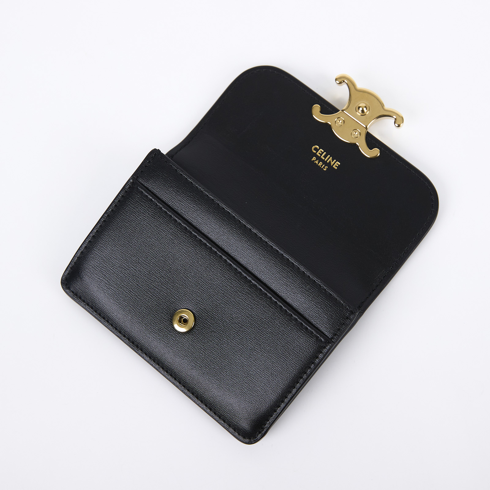 思琳 CELINE Triomphe 翻蓋卡包 10I583DPV 黑金凱旋卡夾 原廠盒子/防塵袋